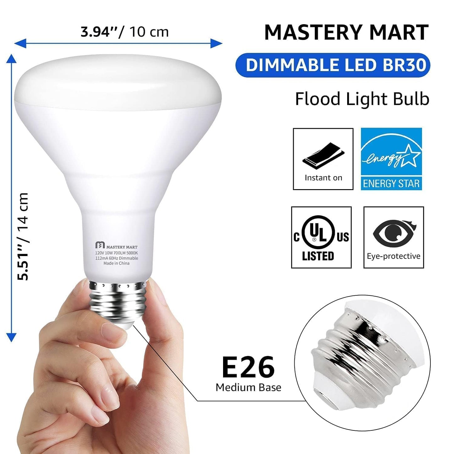 Mastery Mart BR30 LED Bulb, 10W Dimmable, 65 Watt Equivalent 700 Lumen, Wide Flood Light, E26 Base, Recessed Light Bulb for Can Ceiling, UL and Energy Star, Pack of 10