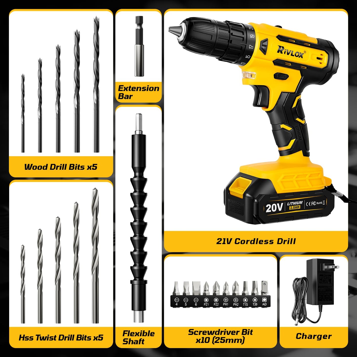 20V Cordless Drill Set, 21+1Torque, Electric Power Drill Cordless, Electric Screwdriver with 1300mAh Battery and 2A Charger, 23pcs Drill Bit Set with LED Light for DIY Projects, Yellow