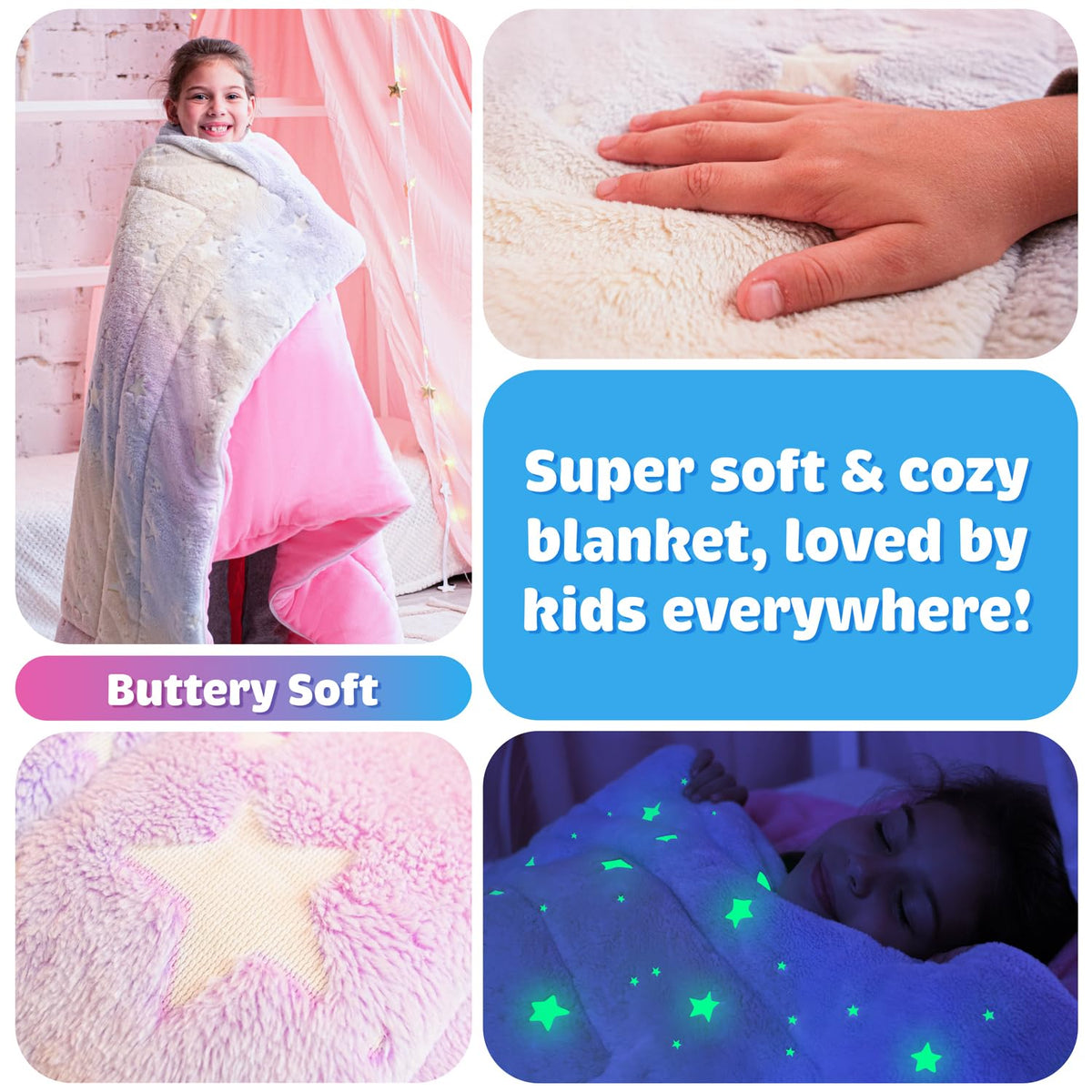 Girls Rainbow & Glowing Stars Sleeping Bag, for Kids and Toddler Ages 3+, Soft with Pillow Pocket - Kids Blanket (66'' x 33'')