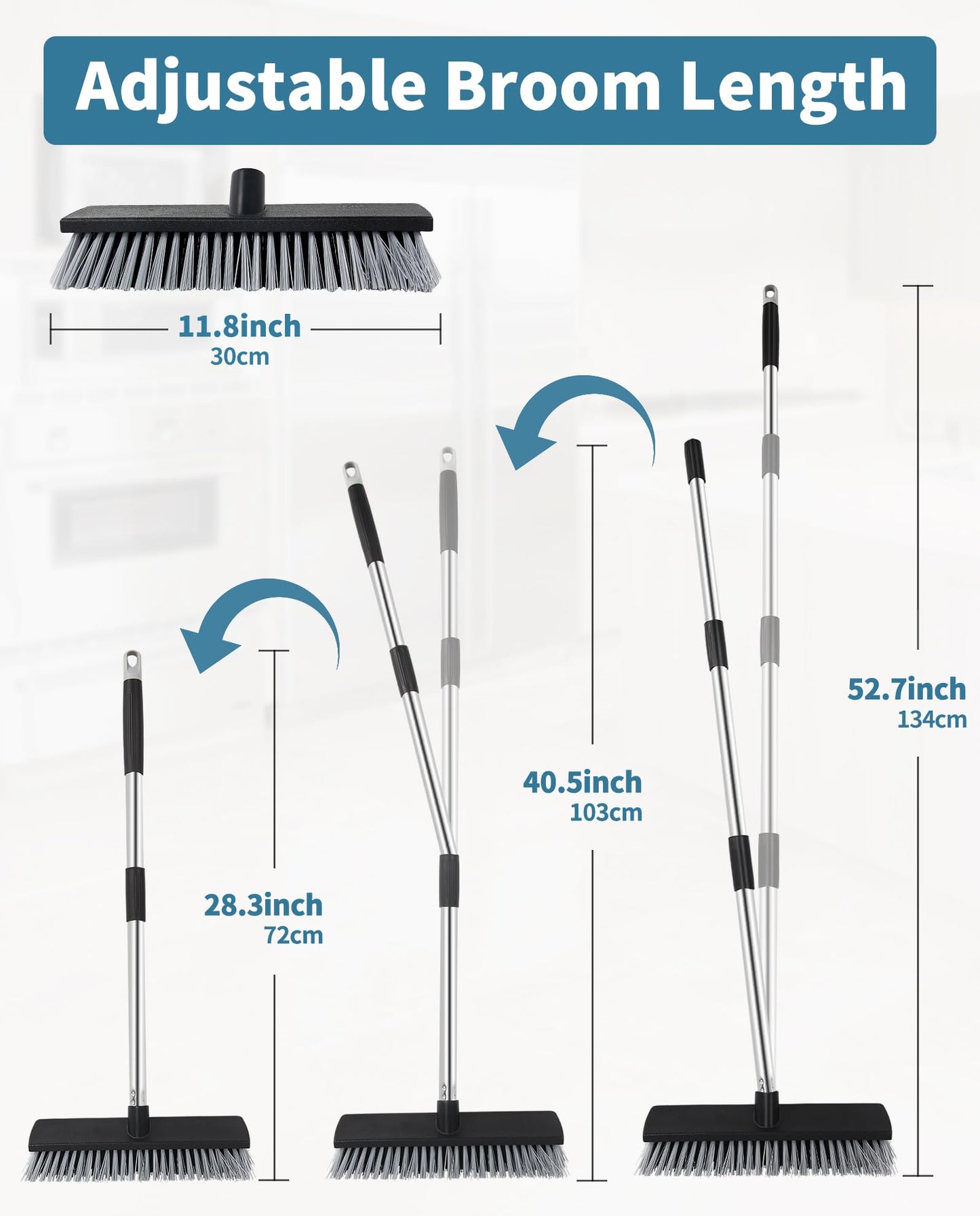 LandHope Hard Bristle Deck Broom Adjustable Long Handle Scrub Brush Heavy Duty Concrete Push Broom Outdoor Brush Garage Broom Wood Large Floor Scrubber 28-52 inch Balcony Broom -Multi Segment Handle