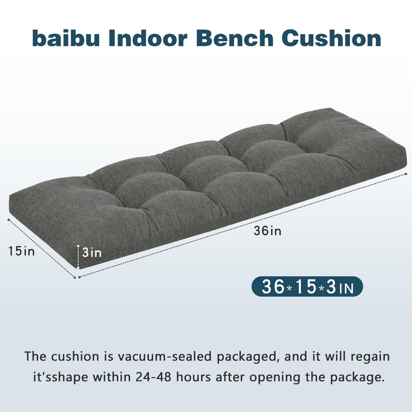 baibu 36 Inch Dual-Layer Patent Design Memory Foam Bench Cushion,Super Soft Indoor Outdoor Rectangle Bench Seat Cushion Standard Size Foam Pad with Non-Slip Bottom (Grey, 36x15x3In)