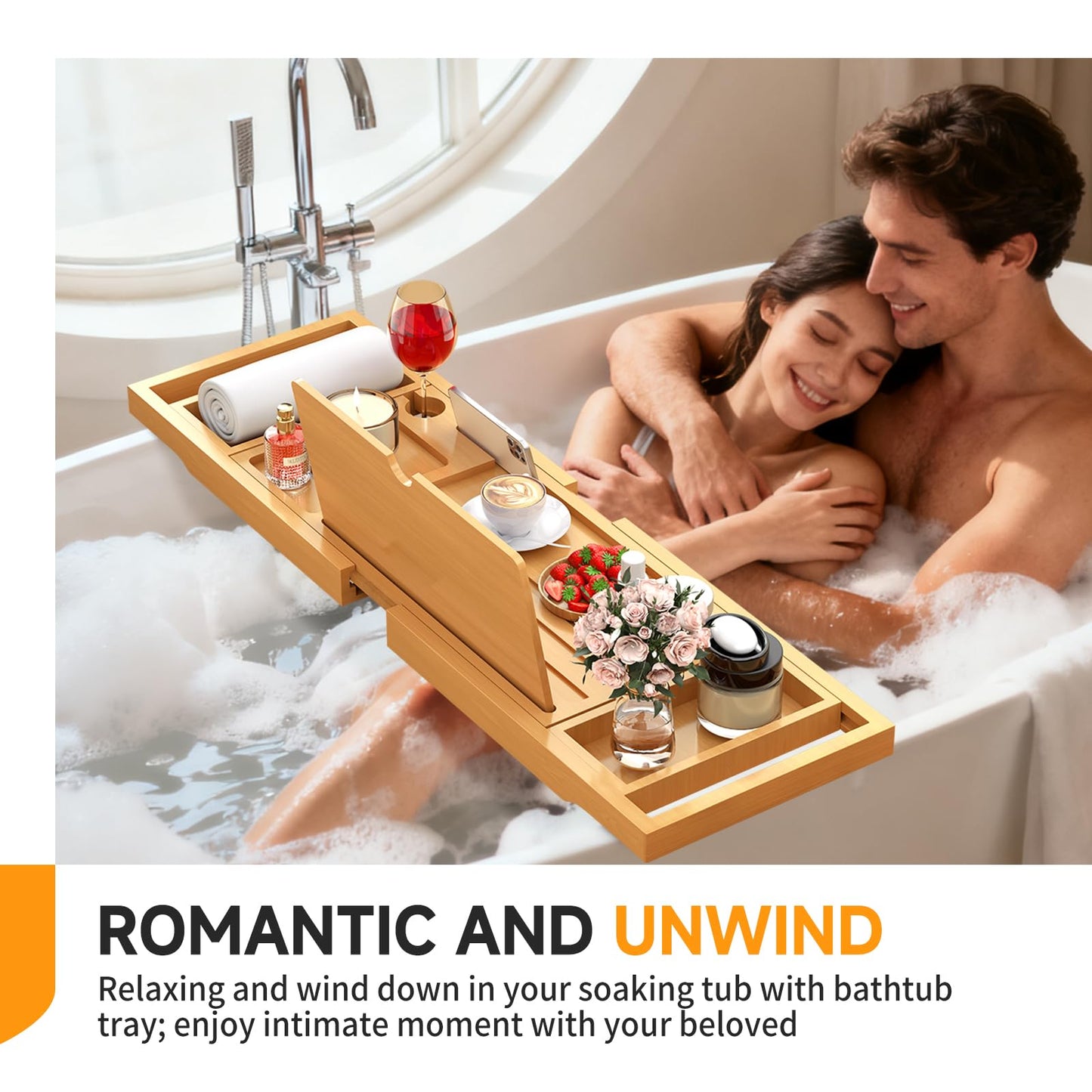 Premium Bamboo Bathtub Caddy Tray with Extending Sides, Adjustable Wood Bath Tray for Luxury Bath, Fits Most Tubs, Accessories Gift Idea Beige