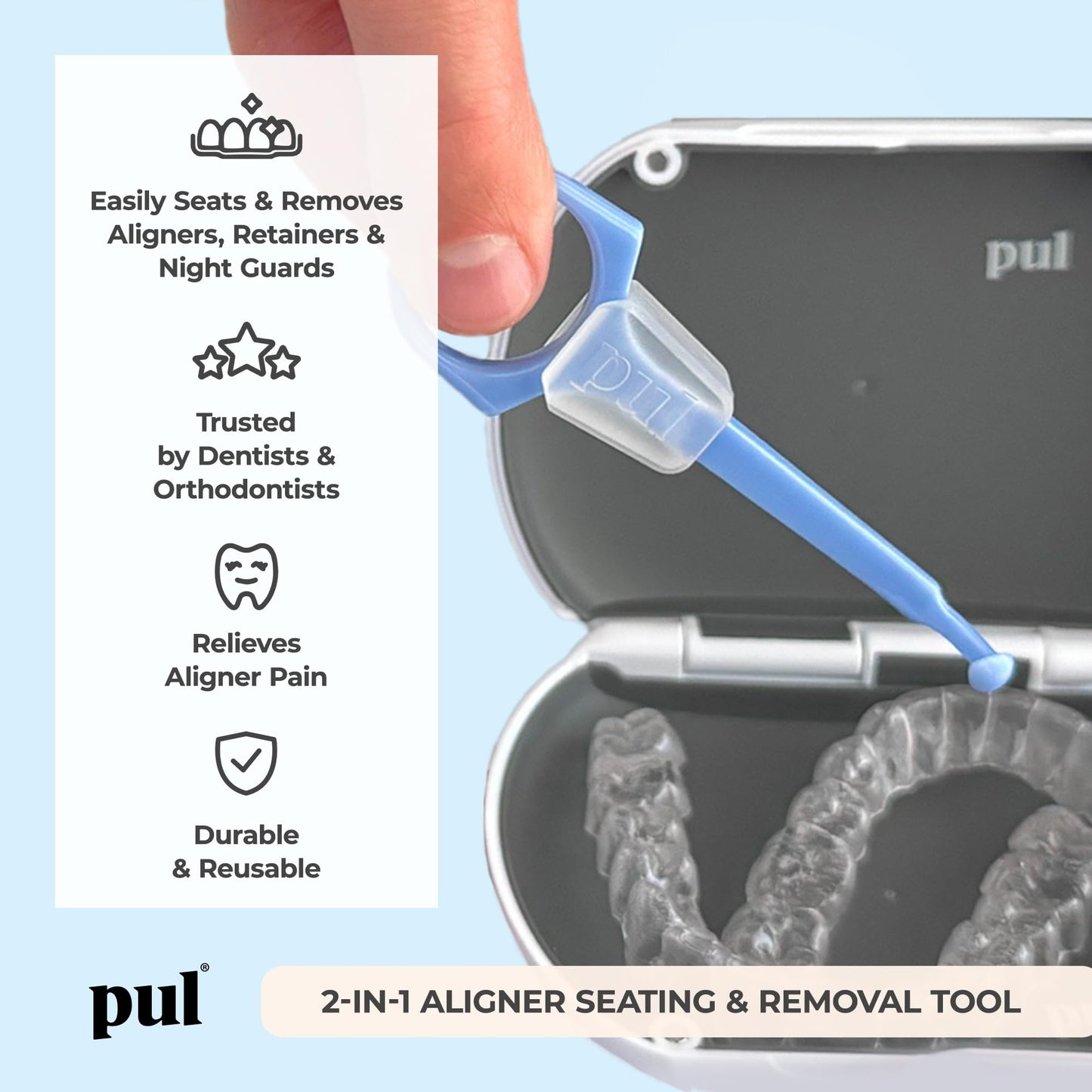 PUL Aligner Care Convenience Kit – Case + 2-in-1 Tool for Invisalign, Retainers, Partial Dentures, Mouth & Night Guards & More – Purple Case & 2-Pack of Purple Aligner Seating Chewie & Removal Tool