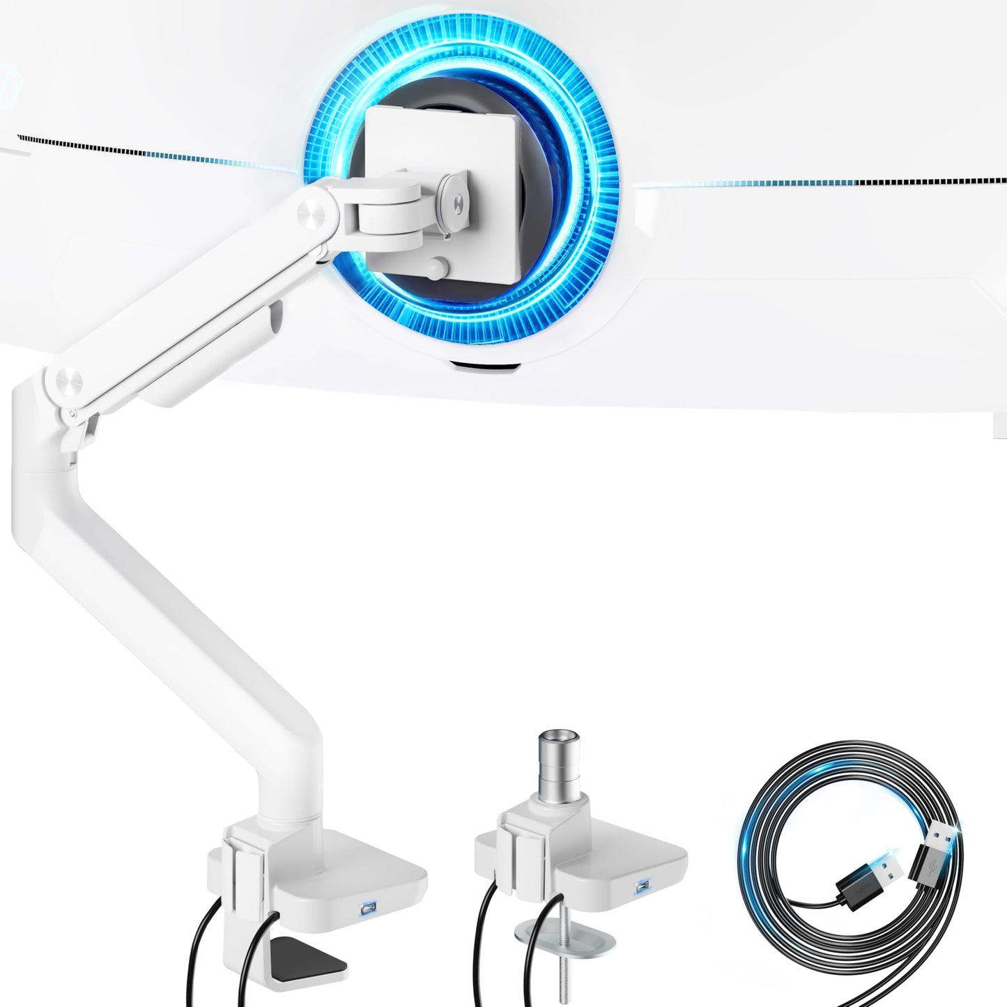 ARES WING Single Monitor Mount with USB A/C, Heavy Duty Monitor Arm for 17 to 49 inch Ultrawide Screen, Holds 44 lbs, Adjustable Gas Spring Arm Desk Mount with Clamp and Grommet Base, White
