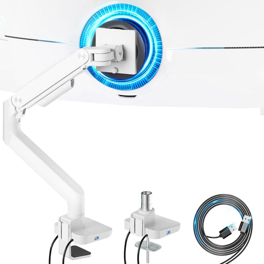 ARES WING Single Monitor Mount with USB A/C, Heavy Duty Monitor Arm for 17 to 49 inch Ultrawide Screen, Holds 44 lbs, Adjustable Gas Spring Arm Desk Mount with Clamp and Grommet Base, White