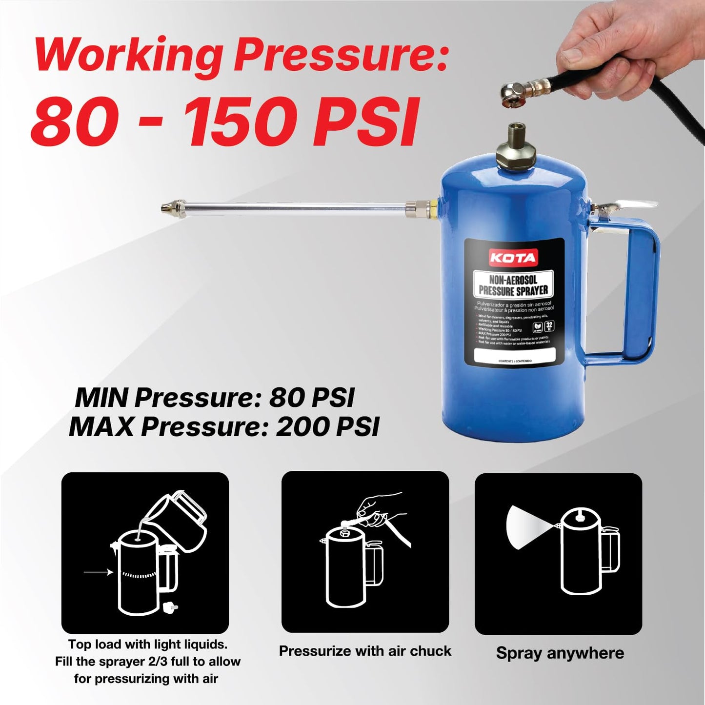 LAUCO Non Aerosol Pressure Sprayer - Refillable Pressurized Sprayer Bottle for Oil, Solvent, Degreasers, Lubricants - Rechargeable Steel Canister with Brass Nozzles, 32oz. (1, Blue)