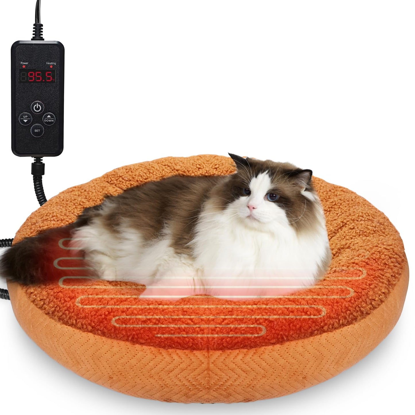 AUPETEK Heated Cat Beds for Indoor Cats Round Warming Cat Beds Super Soft Machine Washable Thermo Kitty Electric Heating Bed （Brown 20 Inches Round）