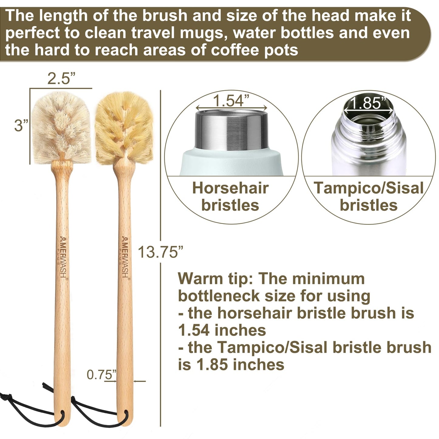 Bottle Brushes with Natural Bristles, 13-3/4 Inch Long Wood Handle Bottle Brush Cleans and Scrubs Wide Mouth Jars, Glasses, Vases, Mugs and Pitchers, Sisal + Horsehair Bristles 2 Pack