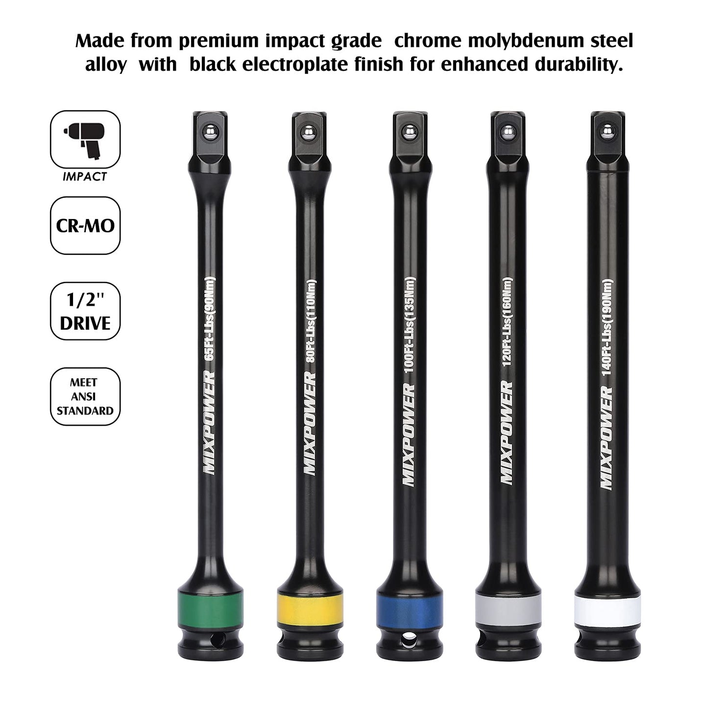 MIXPOWER 5 Pieces 1/2" Drive Torque Limiting Socket Extension Bars, 8 in Long Color-Tool Kit 65-140 ft/lb Set