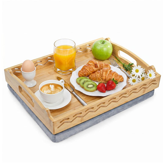 Okllen Bamboo Lap Tray with Detachable Cushion & Handles, 16"x12.2" Breakfast Bed Tray for Eating, Recliner/Sofa/Bed, Housewarming Gift