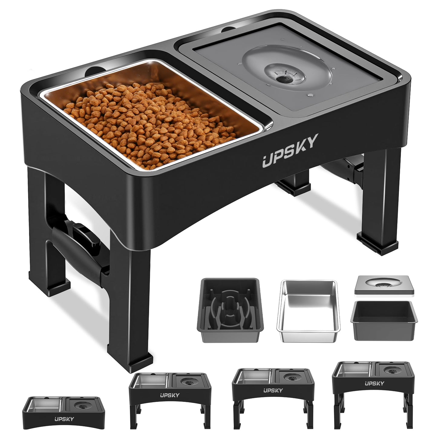 UPSKY 3-in-1 Elevated Dog Bowls Slow Feeder, 4 Height Adjustable Raised Dog Bowl Stand No Spill Dog Water Bowl Dispenser, Anti-Slip Dog Food and Water Bowl for Small Medium Dogs,Black