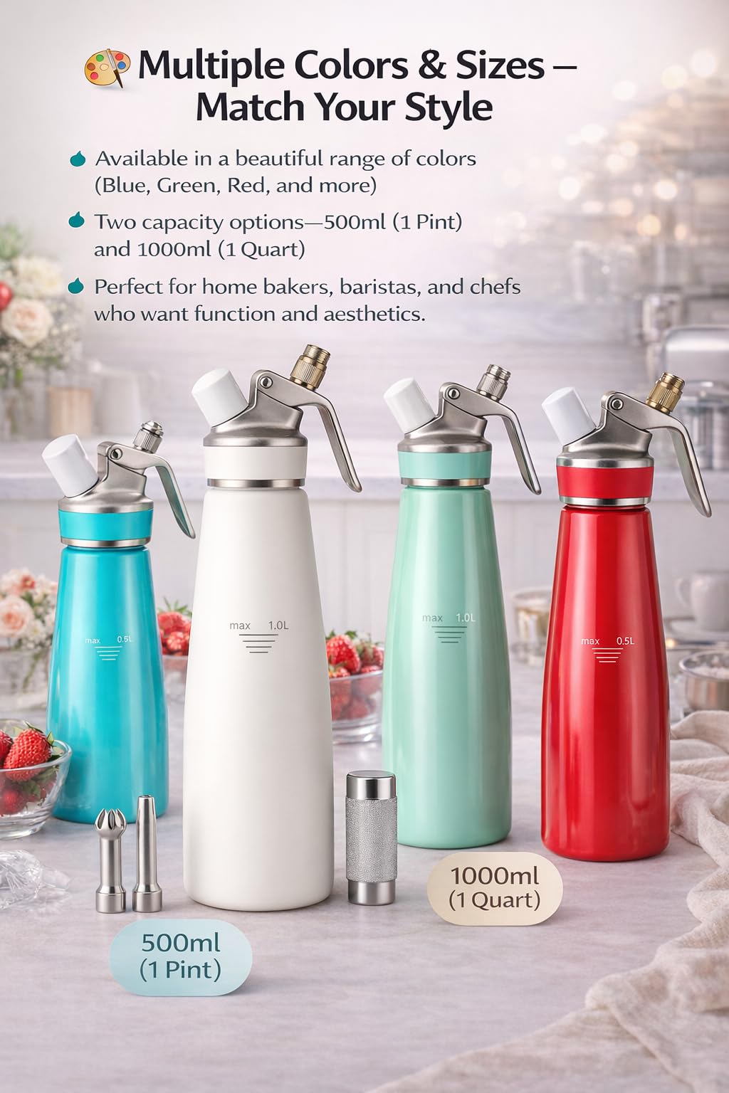 Professional Whipped Cream Dispenser – Ultra-Thick Aluminum Body & Stainless Steel Nozzle, 500ml/1000ml, Multiple Colors – Heavy Duty Cream Whipper for Desserts, Coffee, Cocktails–500ML-White