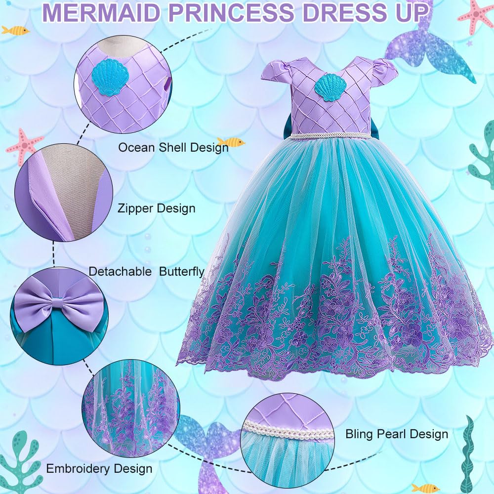 Mermaid Princess Costumes for Girls, Princess Dress Up with Accessories for Birthday Party Halloween Carnival Cosplay (110)