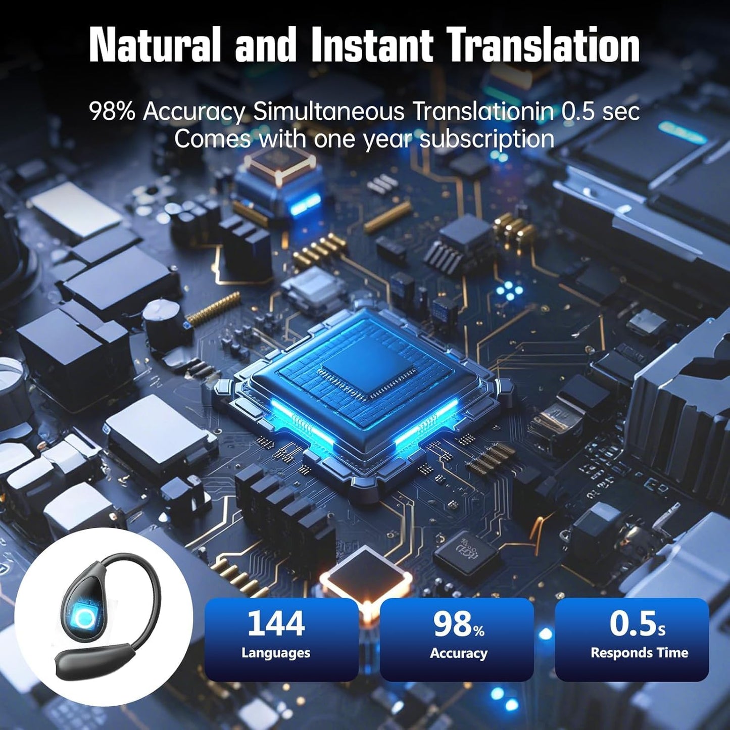 AI Language Translation Earbuds, LCD Touch Screen OWS Real-Time Translator for 144 Languages & Accents Headphones Translator Ideal for Travel Business Learning Translation Device Earphone