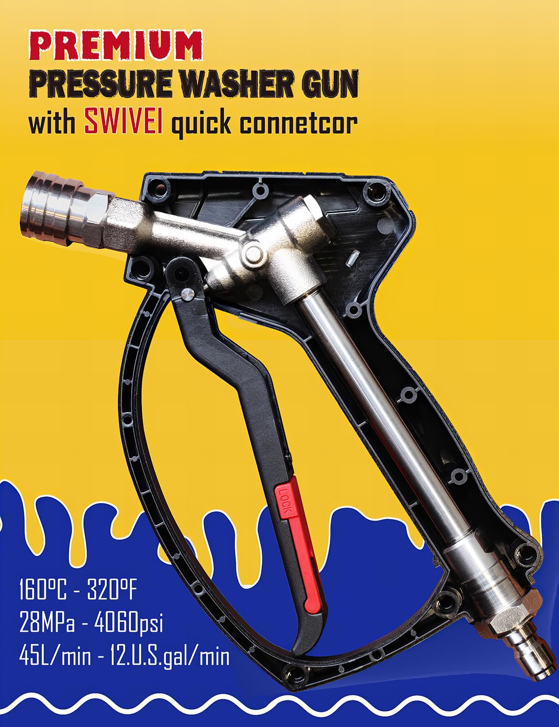 BOSEA Pressure Washer Gun with Swivel Connector, Nickel-Plated Real Copper Valve, Durable Swivel Gun with 1/4” Connector for Foam Cannon or Nozzles and 3/8" Quick Connect for Pressure Washers