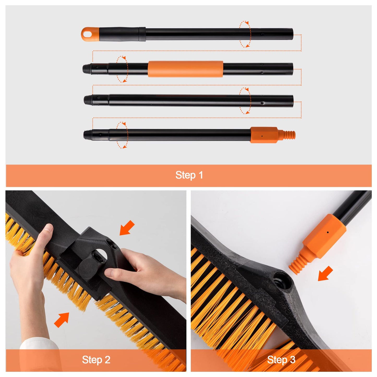 CLEANHOME 24”Push Broom Brush for Floor Cleaning with 65” Long Handle and Stiff Bristles, Heavy Duty Brush for Shop, Deck, Garage, Concrete,Indoor and Outdoor Broom 2 Set,Orange