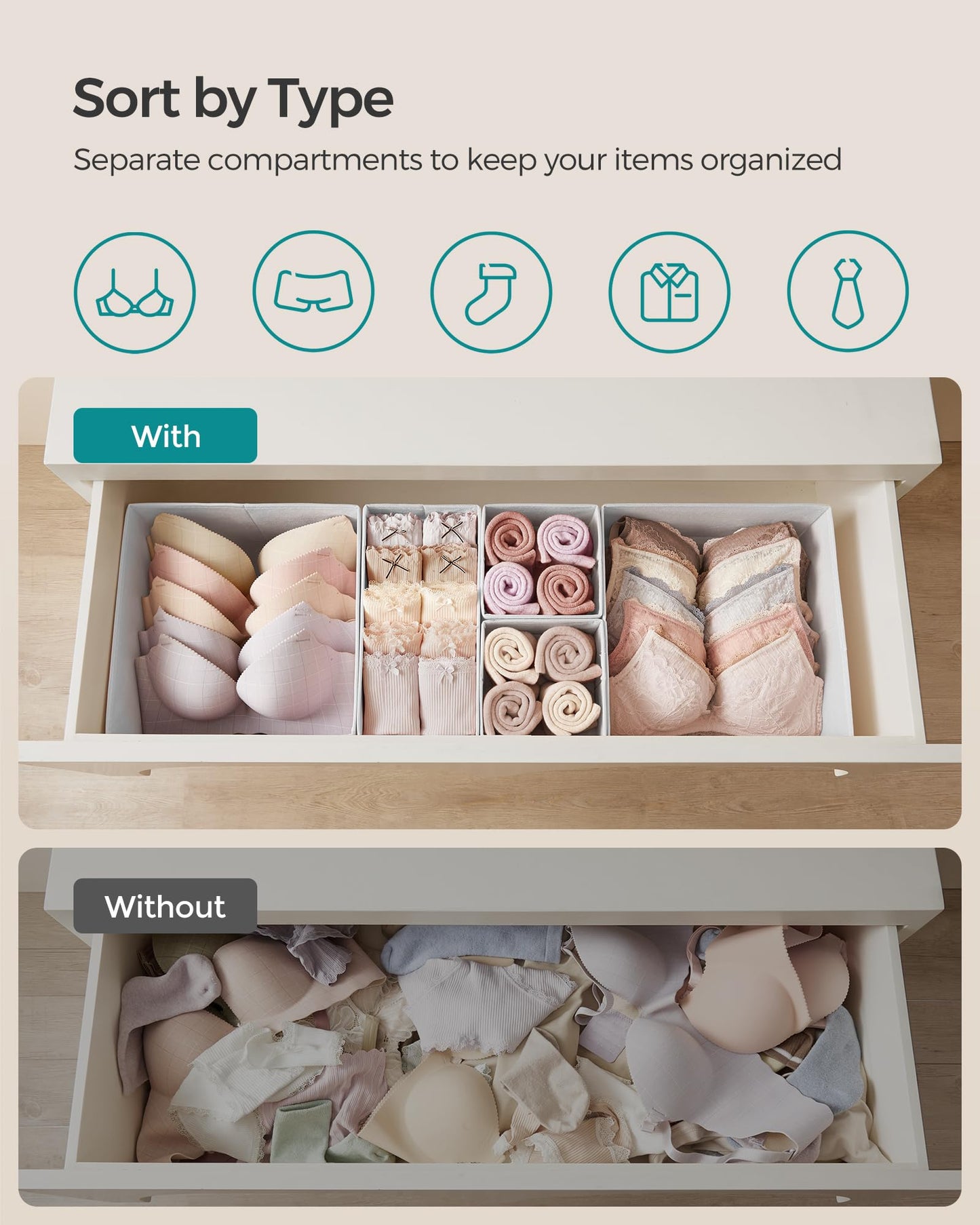 SONGMICS Drawer Organizer,Dresser Drawer Organizers, Set of 12, Foldable Fabric Storage Bins for Socks, Underwear, Bras, Ties, Scarves, Cloud White URDZ006W02