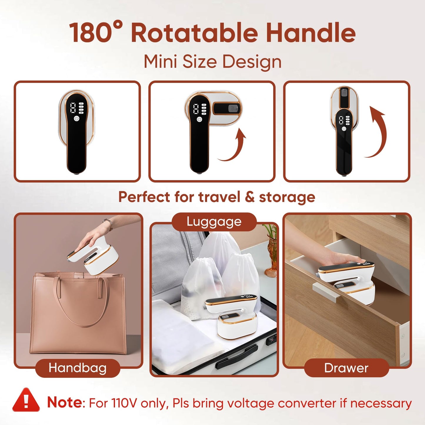 Upgraded - Portable Steamer for Clothes - LED Display & 3+1 Level Steam, Foldable Compact Mini Iron, Small Handheld Iron with Ironing Gloves, College Essential, White(Only for 110V, Such as Canada/US)
