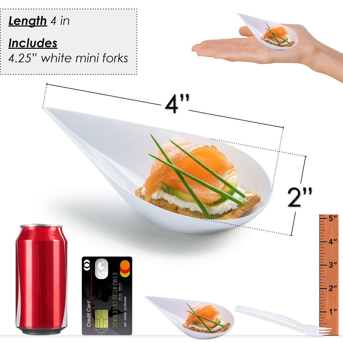 DLux 100 4-in Tear Drop Mini Appetizer Plates with Forks, Reusable White Plastic Spoons - Desserts and Appetizers Dishes Serving Plate - Asian Spoon Set, Small Catering Dessert Tasting Cups