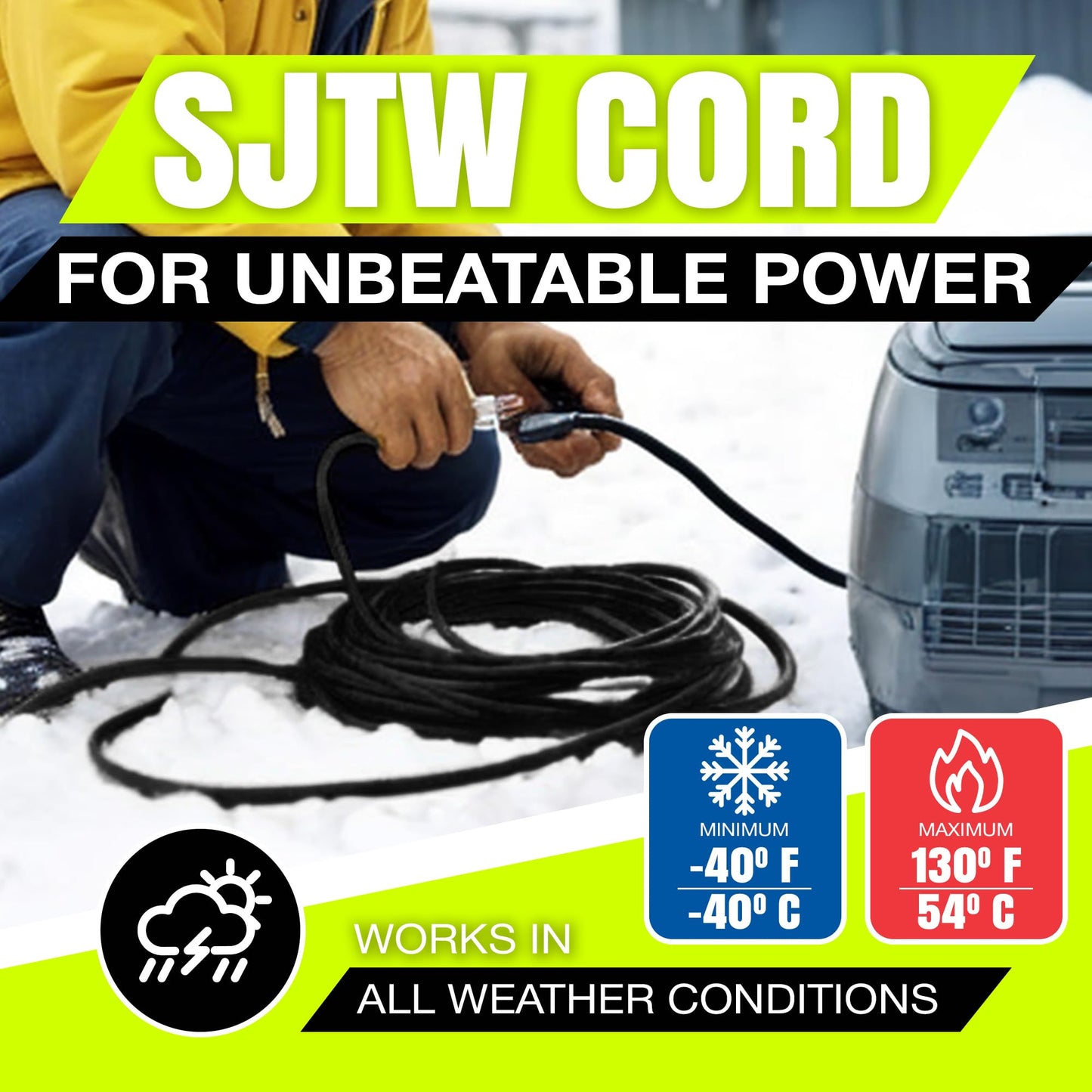 50ft Outdoor/Indoor Extension Cord 14/3 Gauge Heavy Duty 3 Prong SJTW, Waterproof, Flexible Cold-Resistant Long Power Cord,15A 125V 1875W, Black by LifeSupplyUSA