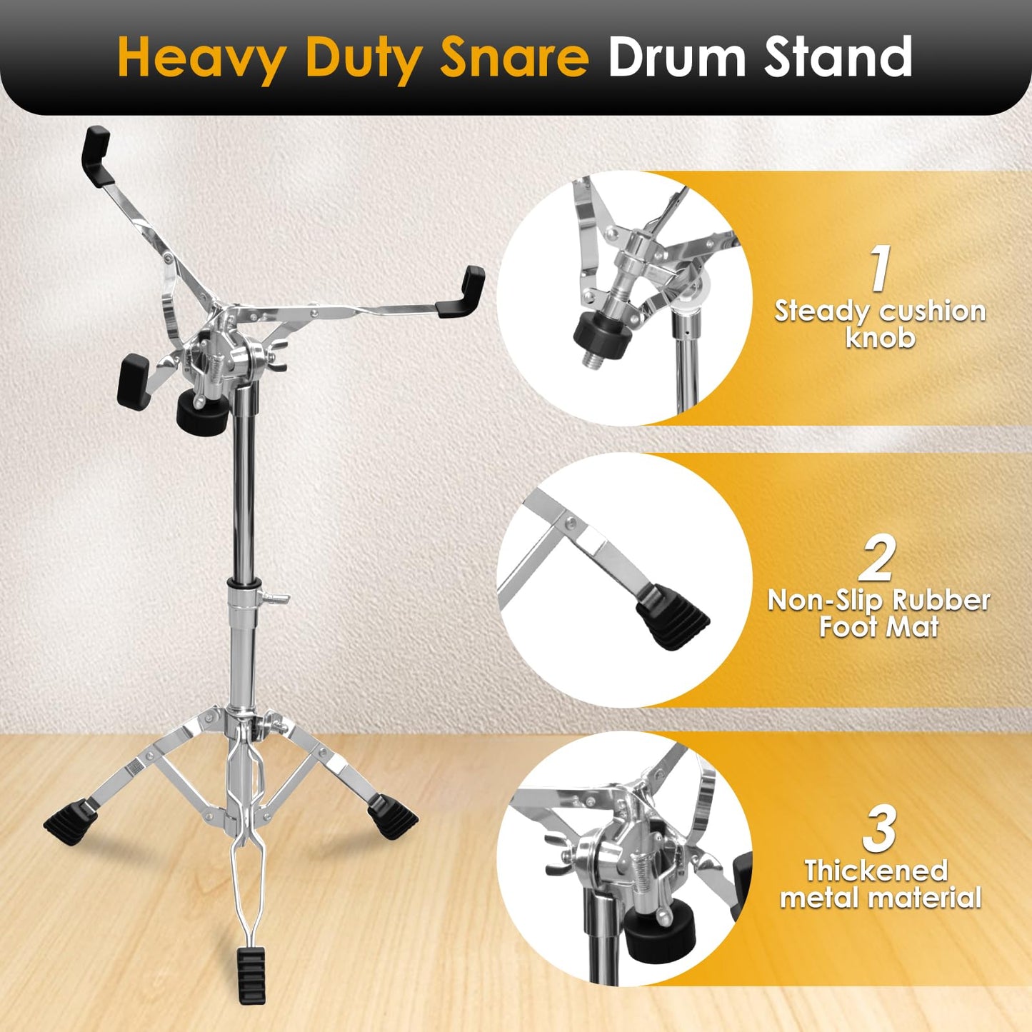 Snare drum stand, drum pad stand adjustable height 14.5 to 23 inches, accessory arm kit tripod snare drum stand suitable for 14 to 10 inch lightweight drum practice pad stand, suitable for drum