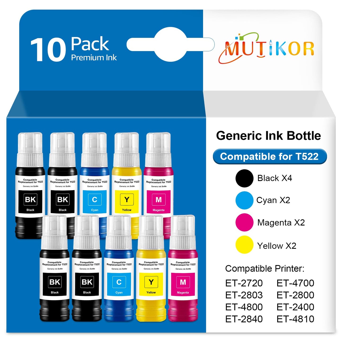 Compatible T522 Ink Refill Bottles Combo Pack Replacement Work with ET-2720 ET-4700 ET-2803 ET-2800 ET-4800 ET-2400 ET-2840 ET-4810 Printers (10-Pack, 4 Black / 6 Color)