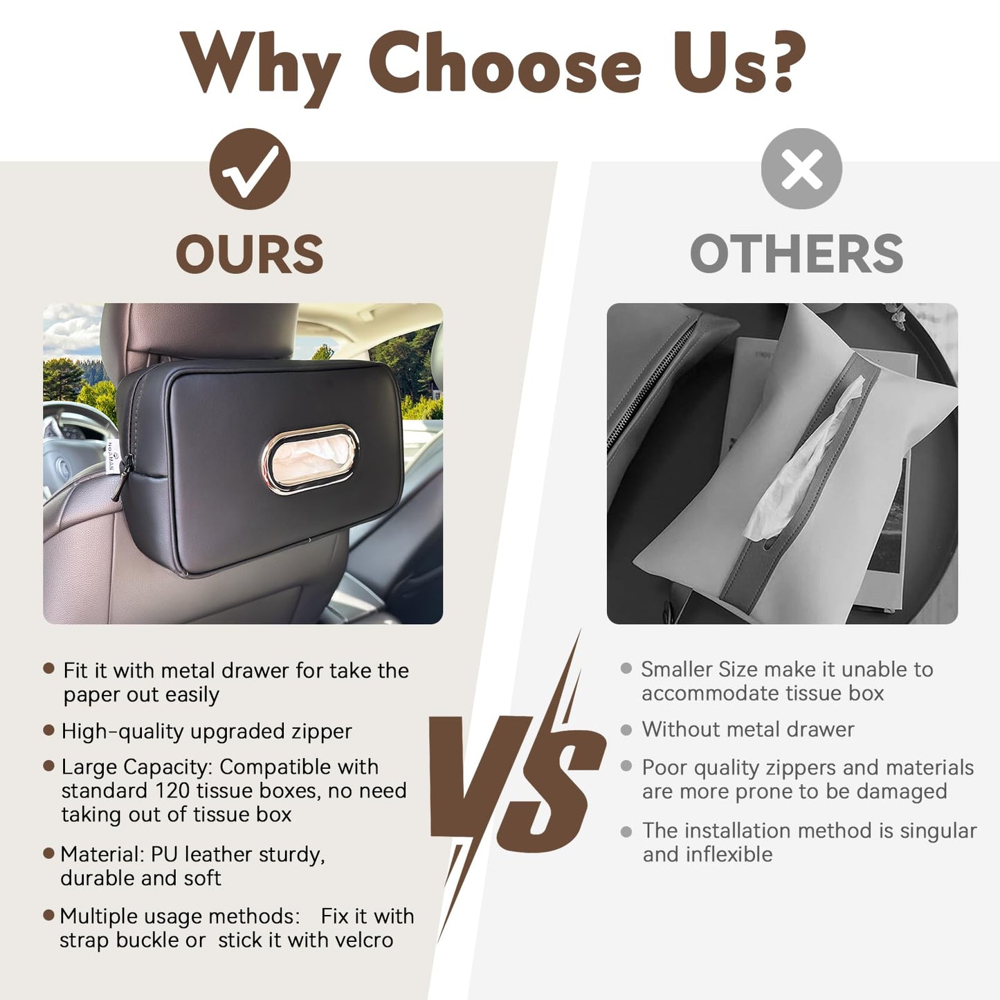 Noaman Upgraded Large Car Tissue Holder Premium PU Leather Tissues Box Cover Backseat Rectangular Napkin Holder for Car Fits for 120 Standard Kleenex Tissues Box (Black 2 Pack)