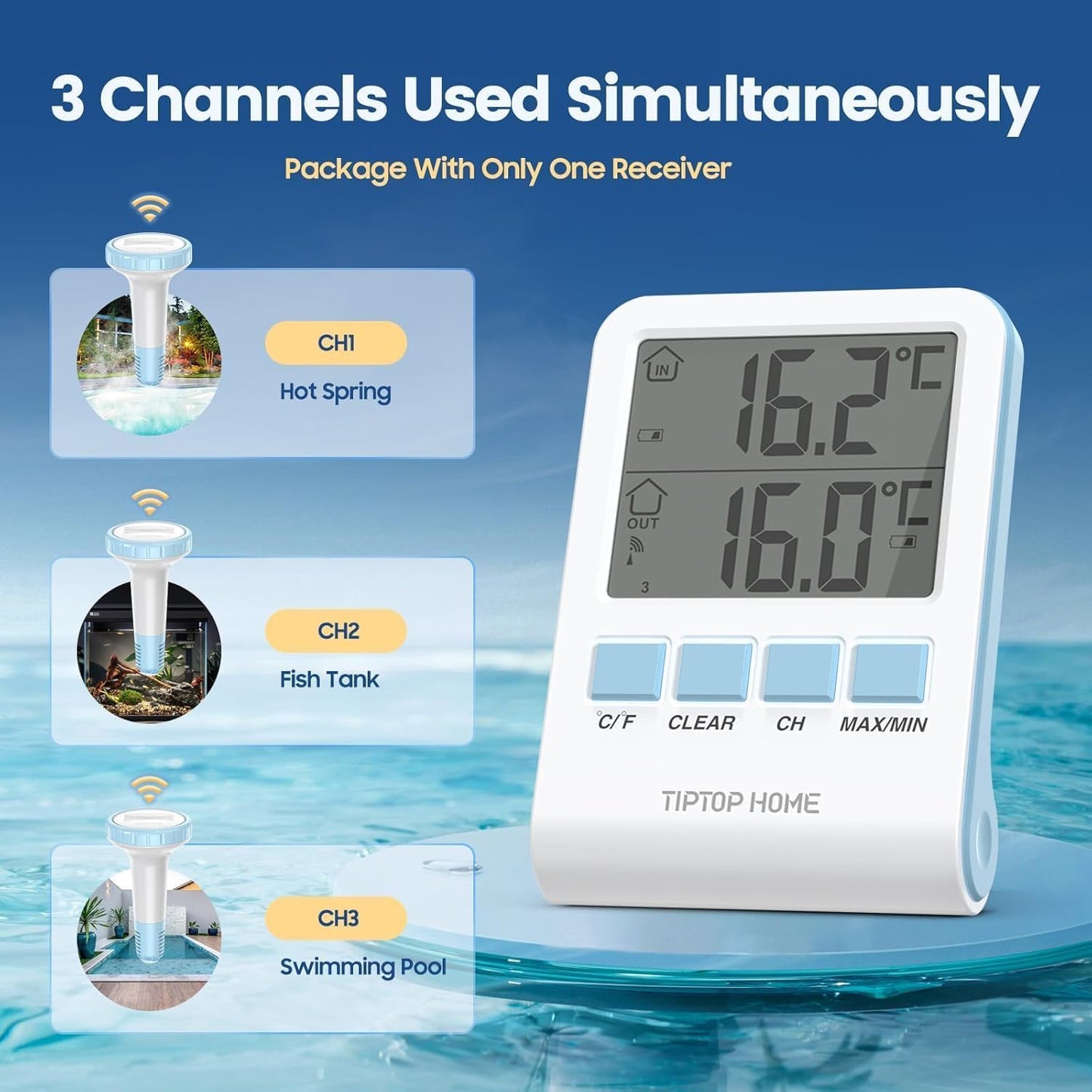 Pool Thermometer,Wireless Floating Pool Thermometer Easy Read,Outdoor Digital Thermometers with Indoor Temperature Monitor,IPX7 Waterproof and High Accuracy for Swimming Pool,Bath Water (Blue)