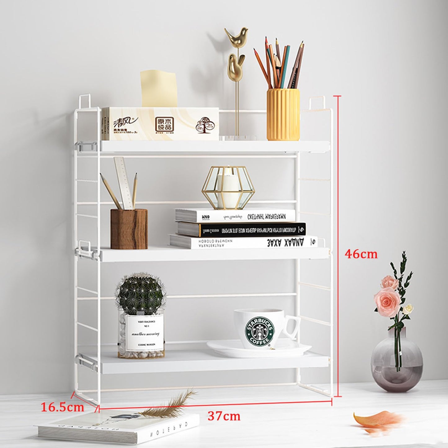 Desktop Organizer Shelf, 3 Tiers Desktop Bookshelf, Adjustable Desk Display Shelf, Small Bookshelf for Desktop Storage, Countertop Bookcase for Office Supplies, Home Decor and Kitchen (White)