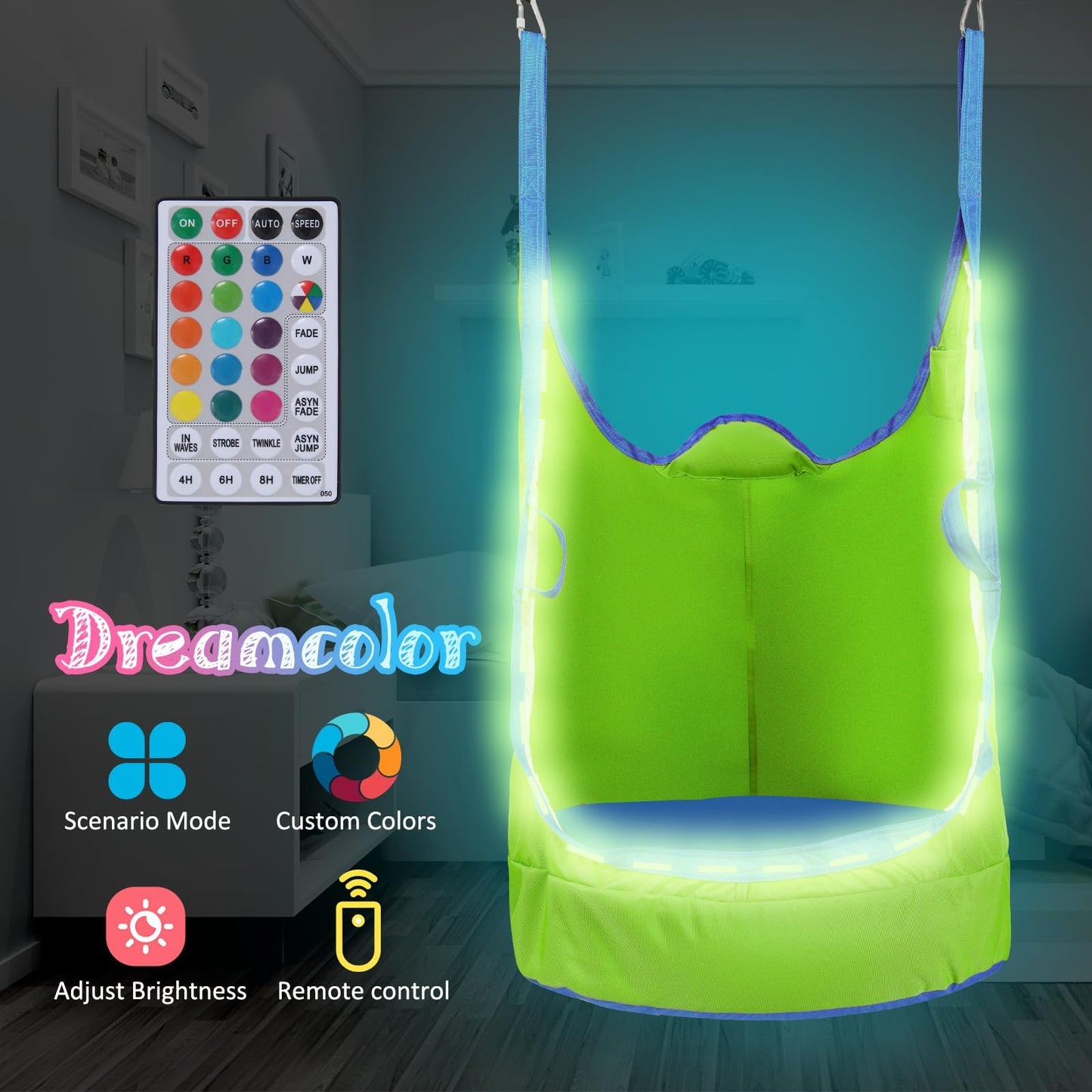 Upgraded Kids Pod Swing Chair,Light up Child Hanging Hammock Chair,Pod Swing Seat for Indoor and Outdoor with All Accessories(Green)
