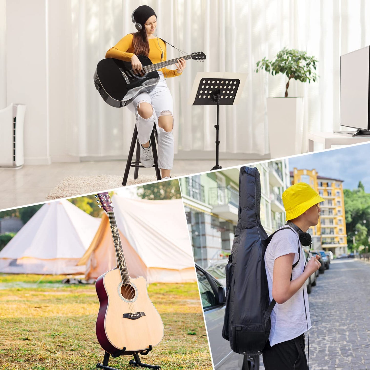 Mdvora 3pcs Guitar Accessories Kit - Gig Bag, Folding Stand, Adjustable Strap for Acoustic, Classical, Bass Guitar