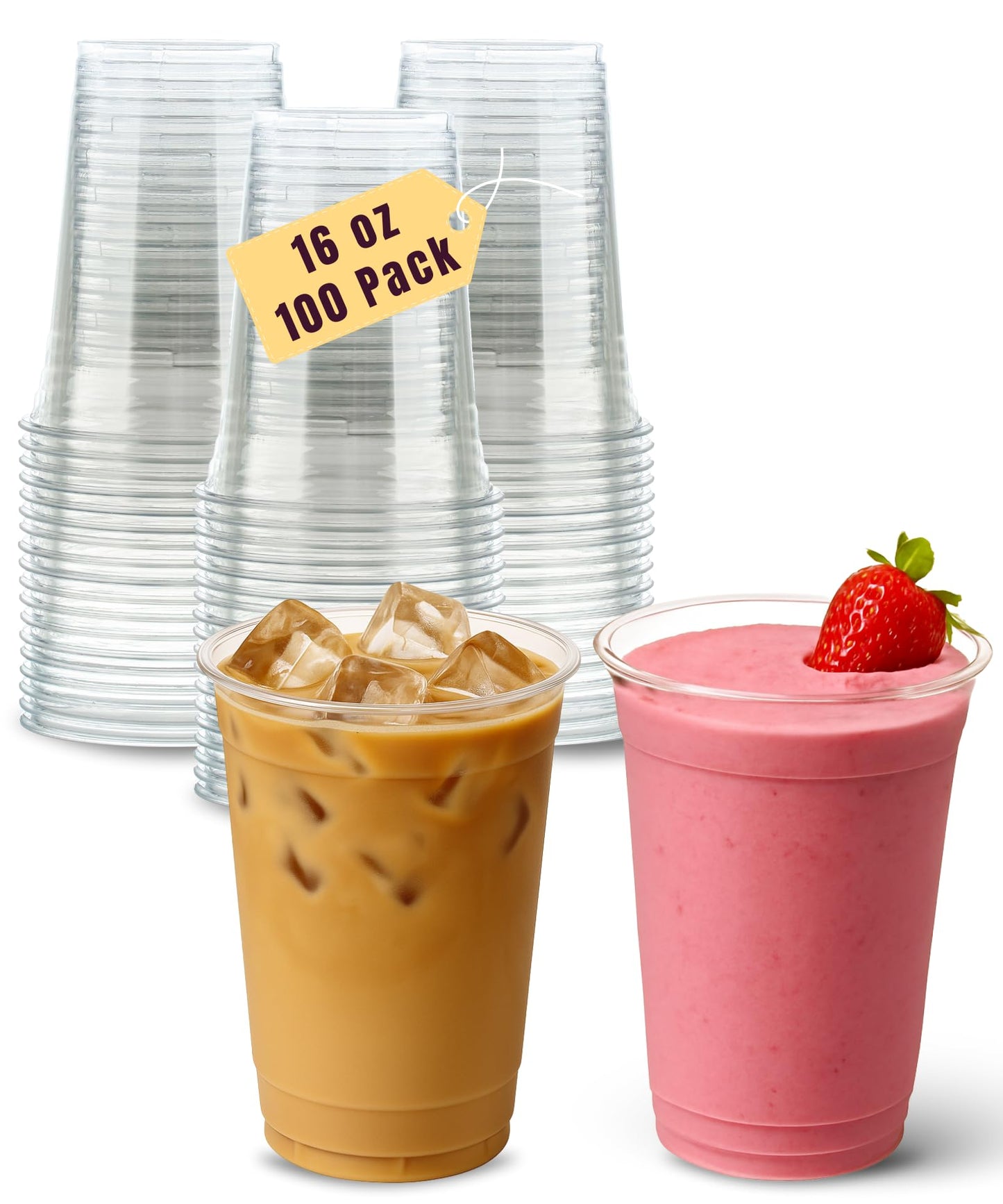 100 Pack 16 oz Clear Plastic Cups, 16oz Disposable Iced Cold Coffee Cups, Sturdy Recylable Drinking Cup for Milkshake, Smoothie, Cocktail, Cold Drinks, Plastic Tumblers Wine Glasses for Wedding Party