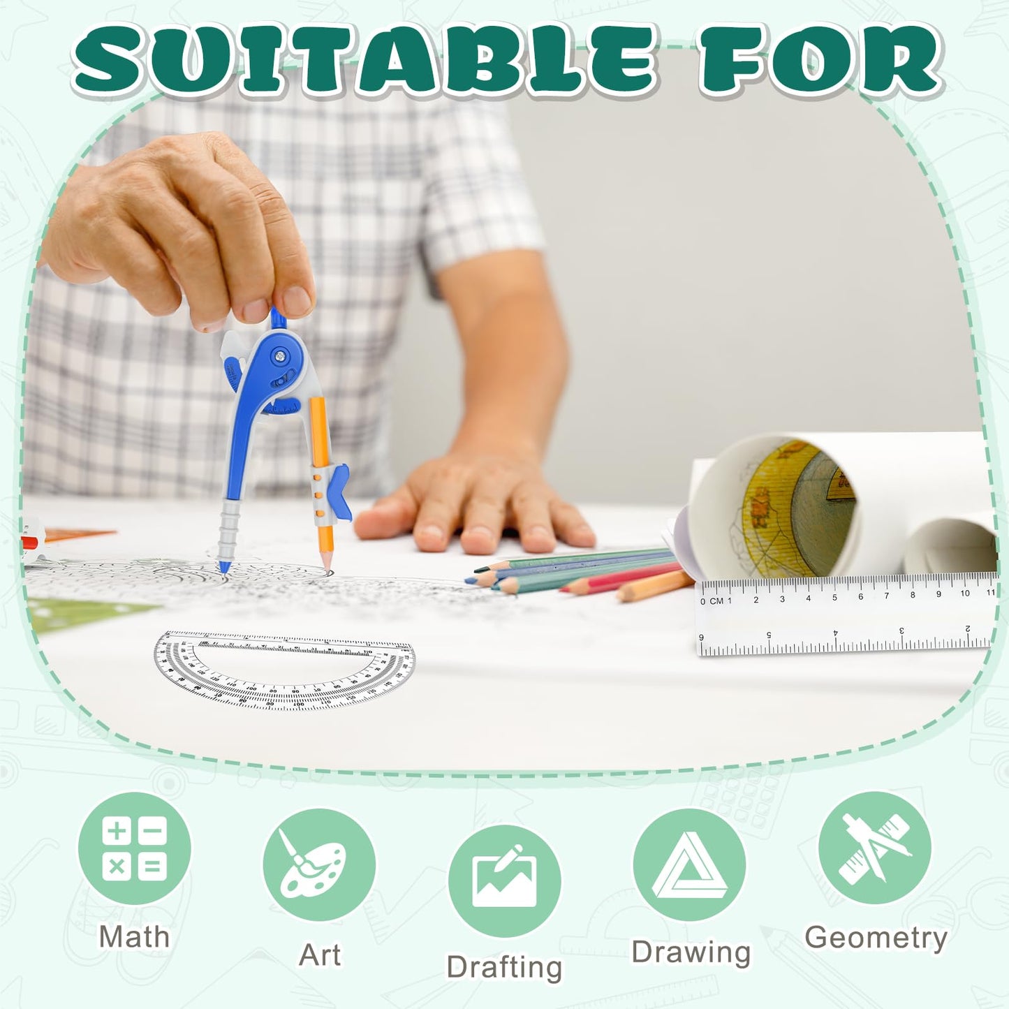 Zealor 72 Pack Math Compass & Protractor Geometry Math Plastic Ruler Set Drawing Compass with Pencils 6 Inch Plastic Protractor for Geometry Bulk for Classroom School Office Woodworking Art Drawing