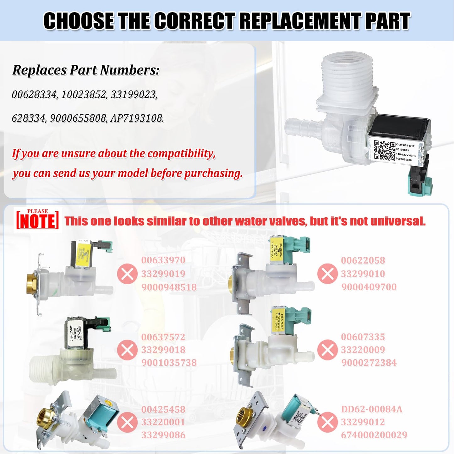 00628334 10023852 Dishwasher Water Inlet Valve - Dishwasher Water Valve Replacement Parts 33199023, 628334, 9000655808