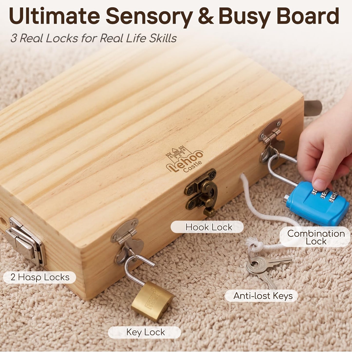 Lehoo Castle Montessori Toys for 3 4 5 Year Old Boys Girls, Wooden Screwdriver Board Set with Anti-Lost Keys & Real Locks, Fine Motor Skills Toddler Travel Toys & Kids Tool Kit