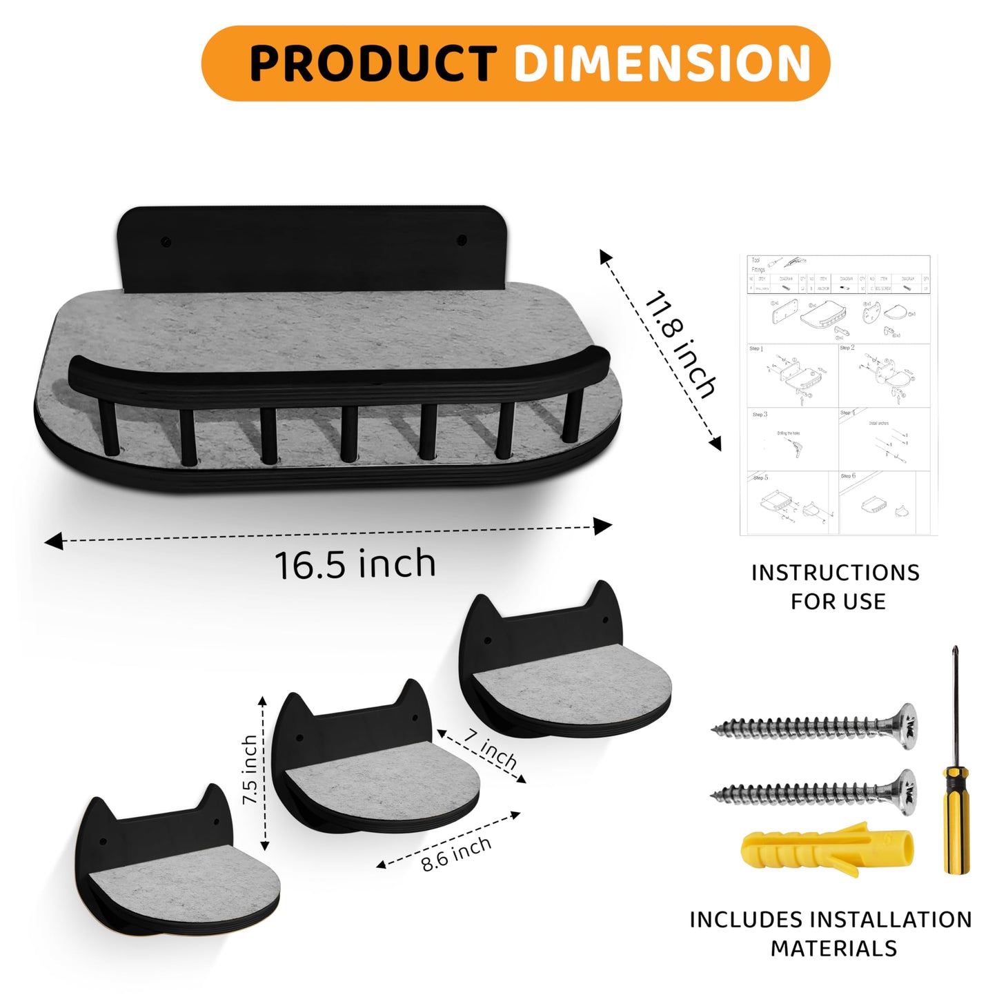 BUOGA Cat Wall Shelves with 3 Steps – Modern Mounted Cat Wall Furniture & Shelf, Premium Hardwood cat Bed for Climbing, Sleeping & Lounging, Indoor Hammock for Large Cats - Black