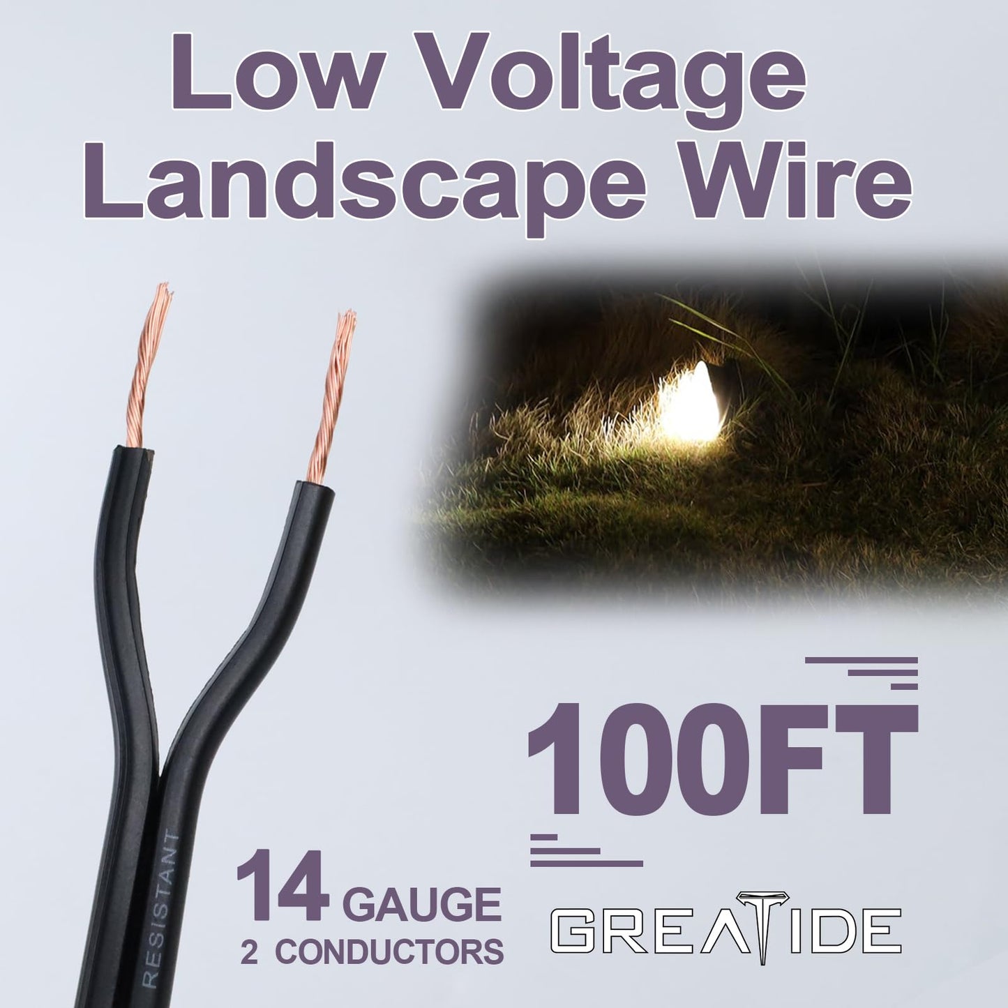 GREATIDE 14/2 Low Voltage Landscape Lighting Wire, Outdoor Direct Burial Cable, 14 Gauge 2 Conductor, 100 Feet