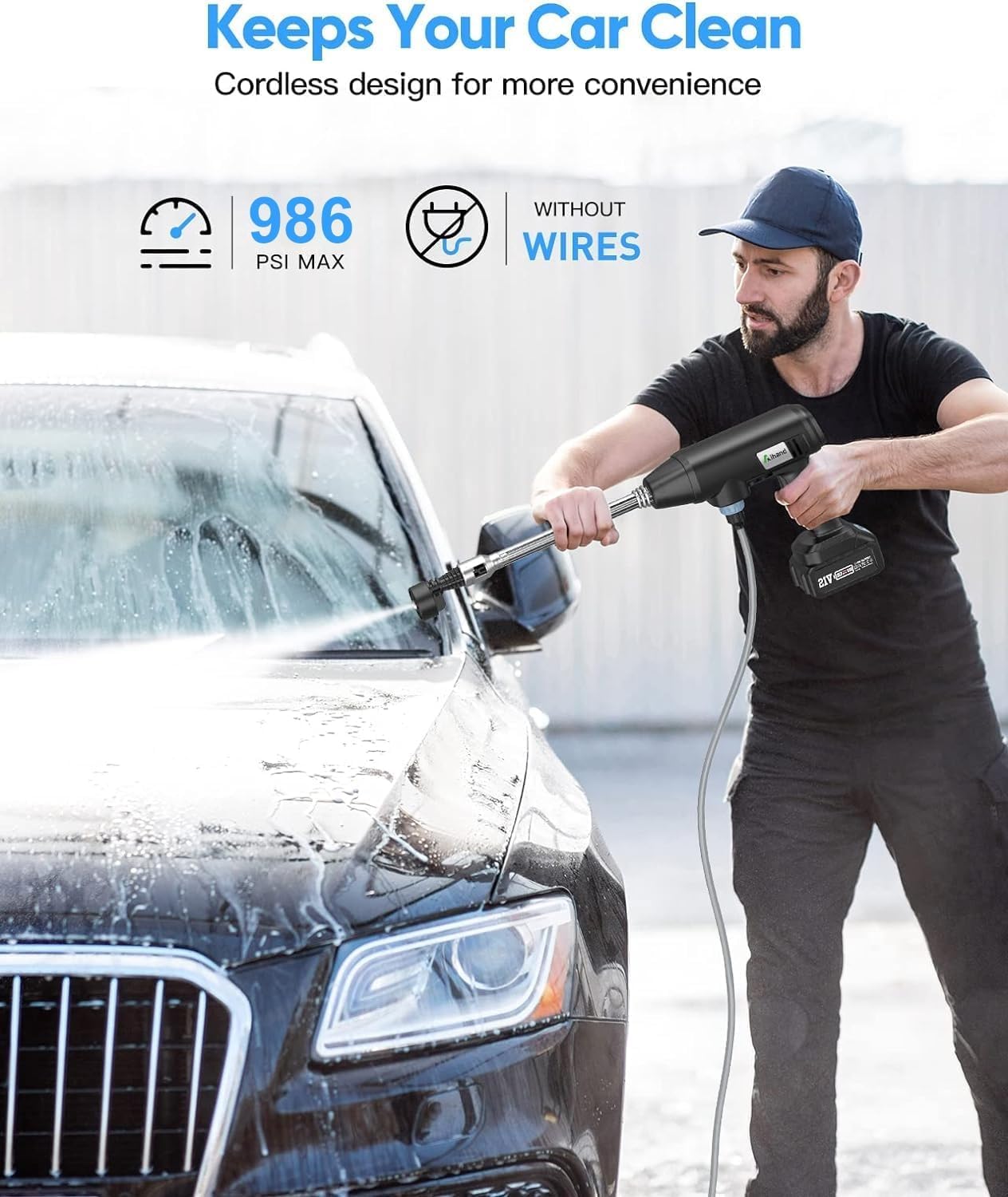 Aihand Cordless Pressure Washer, 986PSI Portable Power Cleaner with 2*4.0Ah Batteries, 6-IN-1/0-180° Nozzles, 3 Faucet Adapters, Handheld High-Pressure Car Washer for Fences/Patios, Charger Included