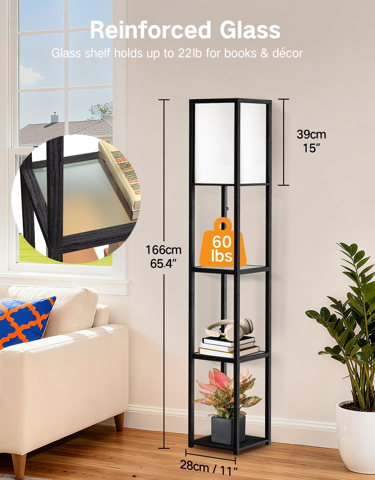 OUTON Floor Lamp with Glass Shelves, 12W LED Bulb, Large Storage Display Wood Shelf Lamp 3 Color Temperature, LED Tall Standing Modern Bookshelf Lamps for Living Room, Bedroom, Office, Black