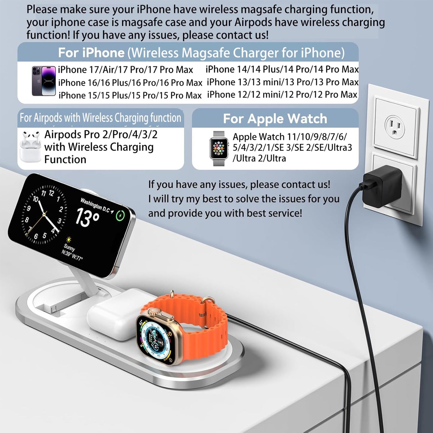 3 in 1 Fast Wireless Charger Stand for iPhone, Foldable Travel Charging Station for Magsafe for iPhone 17/Air/16/15/14/13/12 Series, Apple Watch Series, AirPods pro/2/3/4, Gifts for Women Men (Silver)