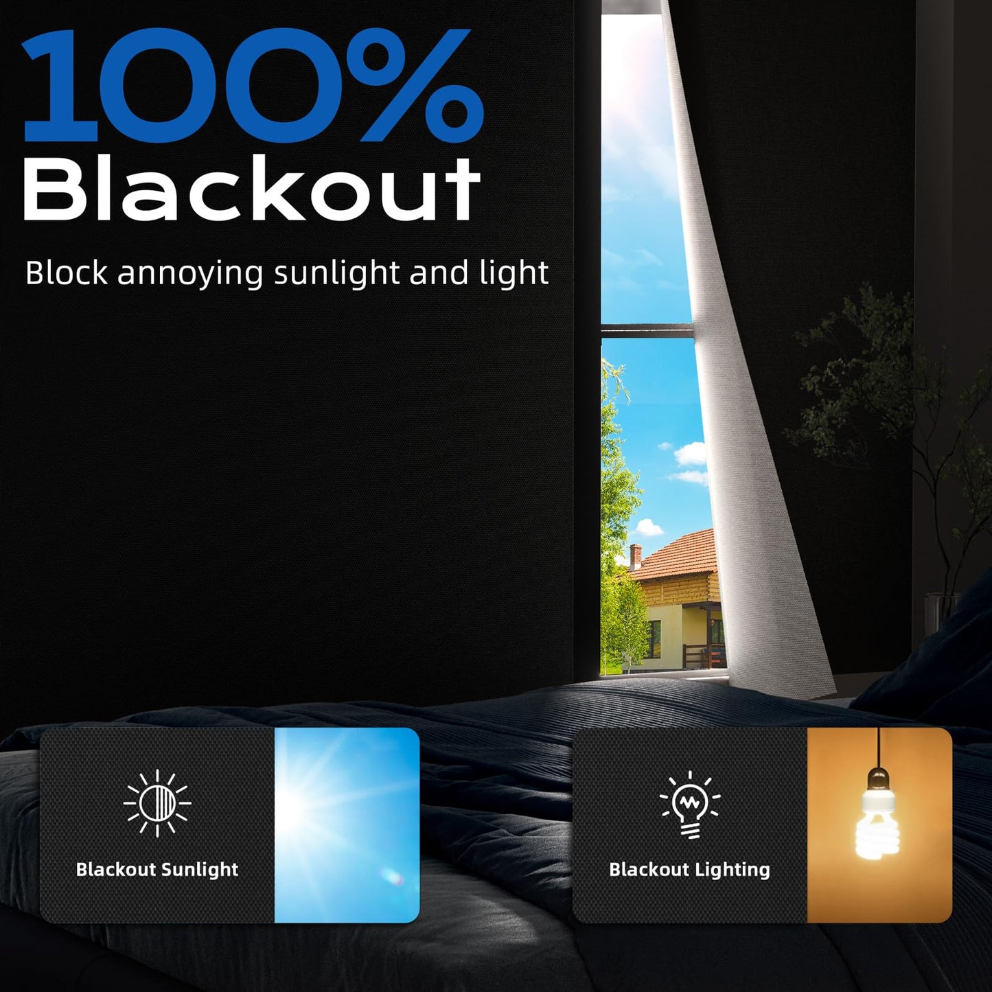 Blackout Curtains for Bedroom, 100" x 58" Portable Blackout Blinds with 20 Sets Hooks & Loops Strips for 100% Blackout Window Film, Temporary Blackout Shades for Windows Cover Nursery Travel RV- Black
