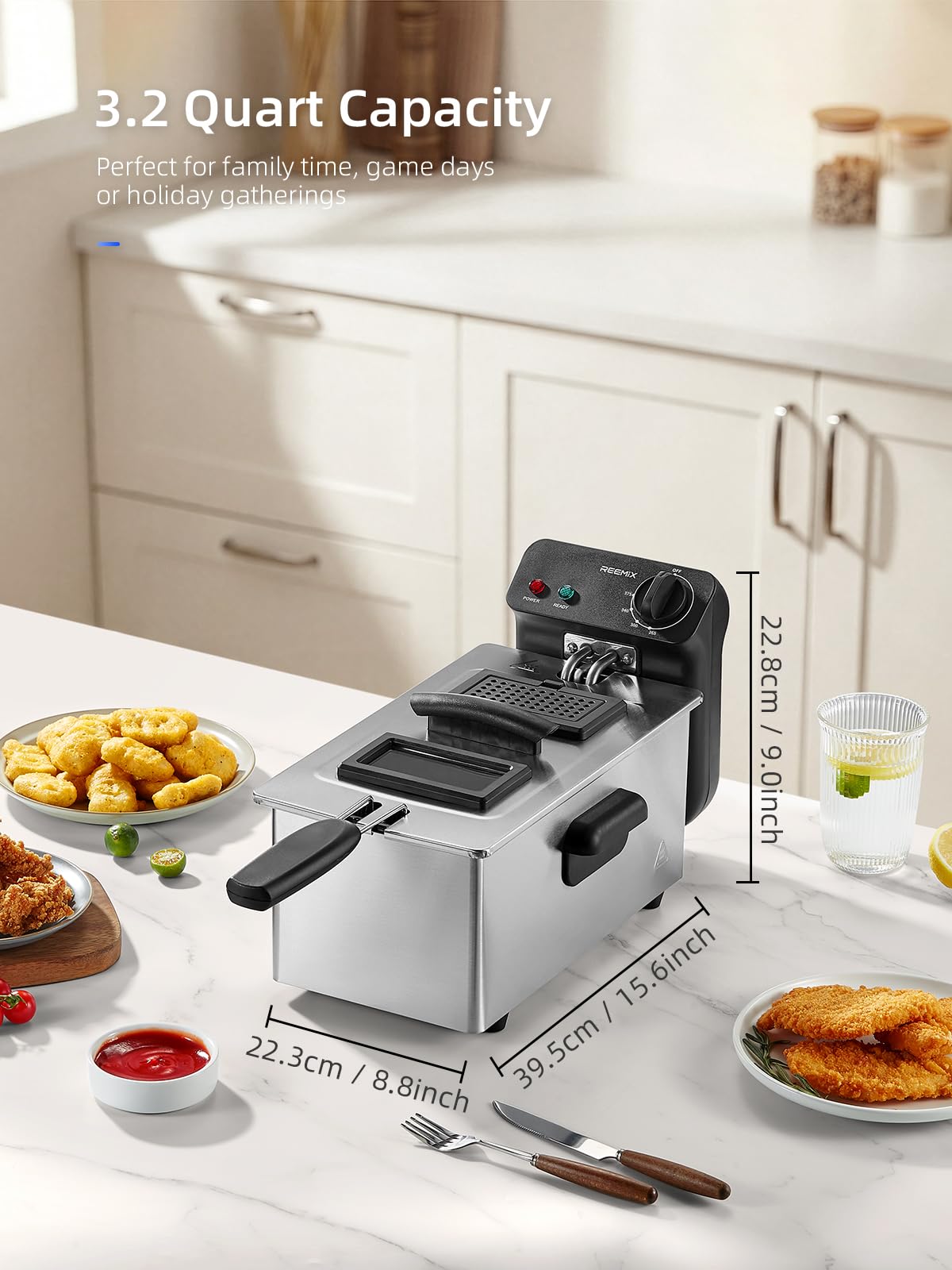 Reemix 3L Electric Deep Fryer 1500W, Adjustable Temperature up to 375°F, Detachable & Dishwasher Safe Oil Pot, Small Countertop Fried Chicken Maker, Stainless Steel