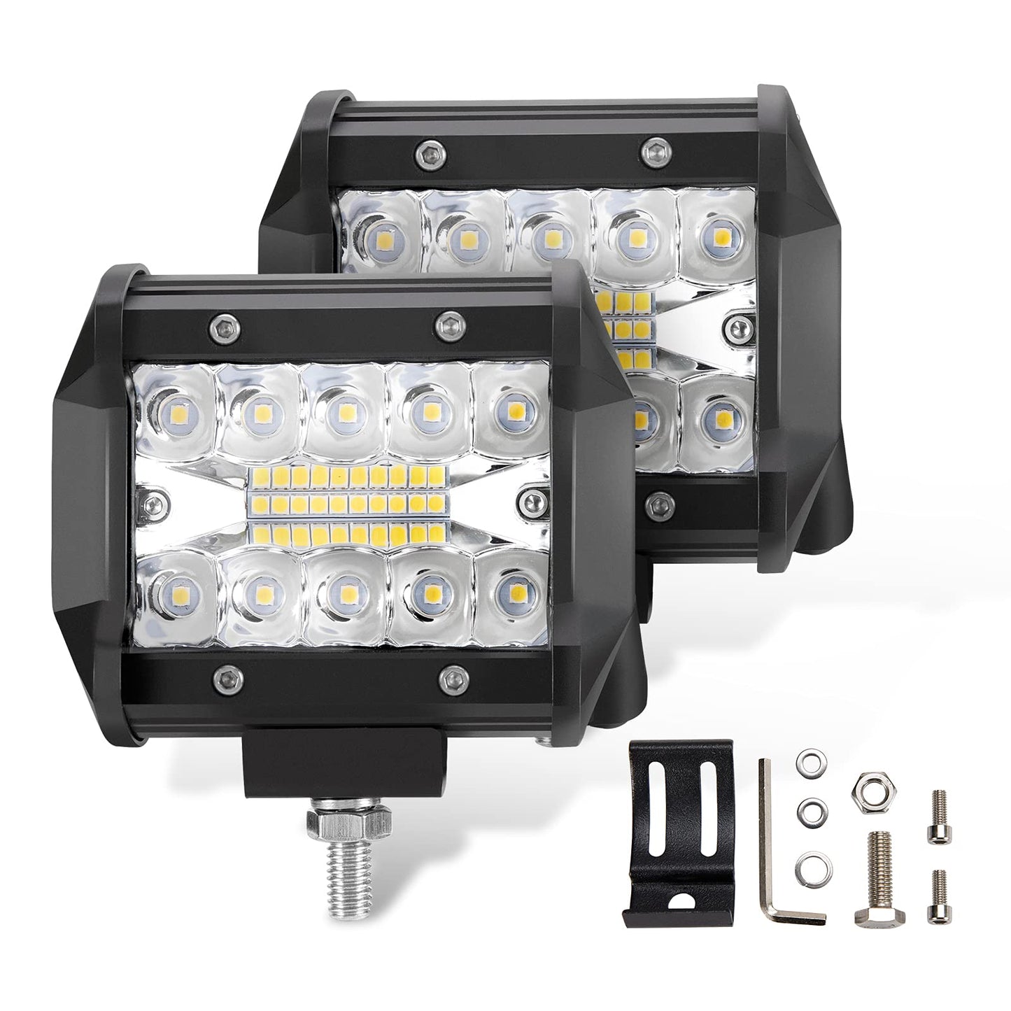 LITE-WAY 4 Inch LED Light Bar - 2Pcs Triple Row LED Work Lighting 7000LM Spot Flood Beam LED Off-Road Driving Lights Waterproof with Adjustable Mounting Bracket for Truck Car ATV Boat SUV