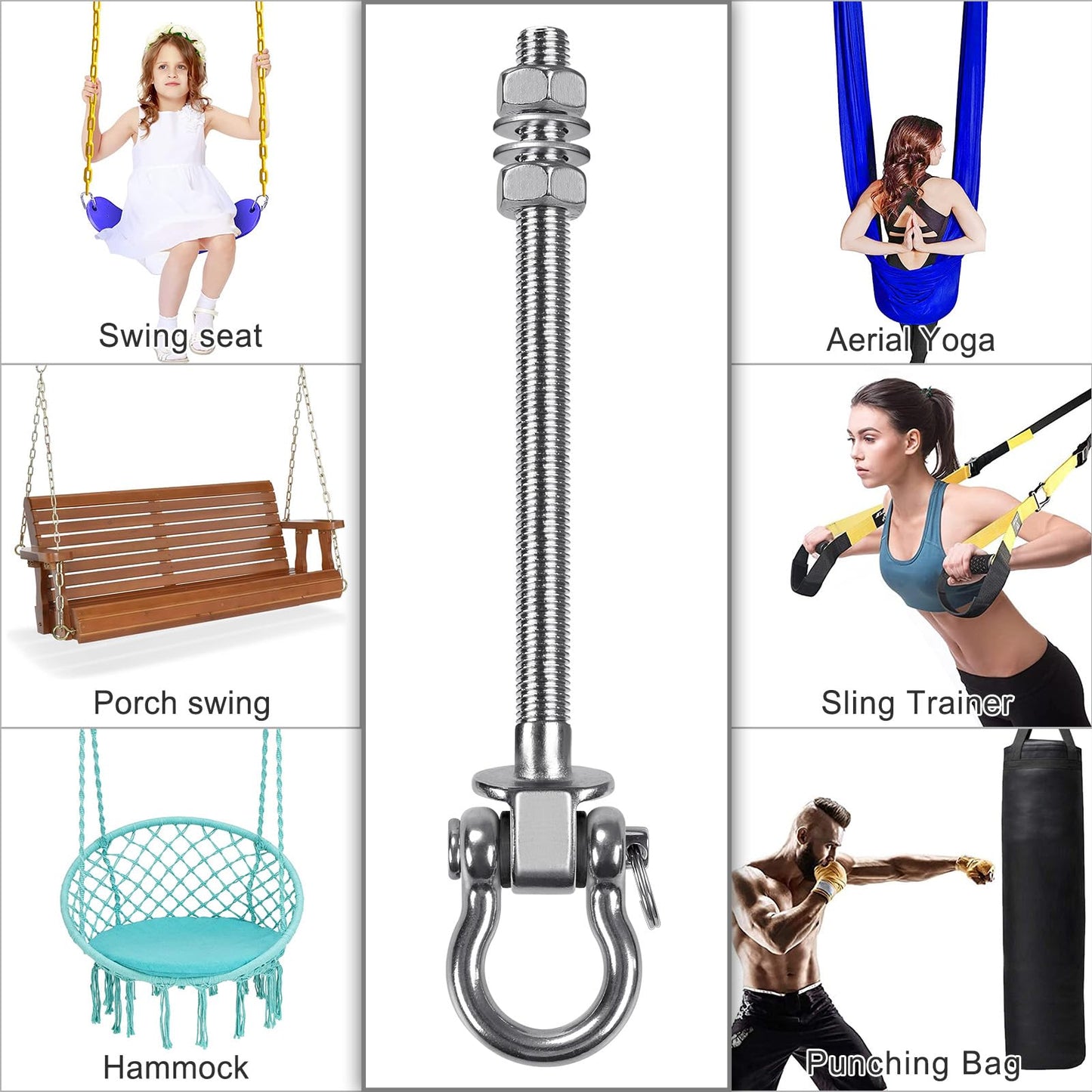 BeneLabel Set of 6 Permanent Antirust Stainless Steel 304 Heavy Duty Swing Hangers, 800Kg Capacity, Wood Beam & I-Beam Hanger, Yoga Hammock Chair Sandbag, Hardware Swing Sets, 180° Swing, 23.5cm
