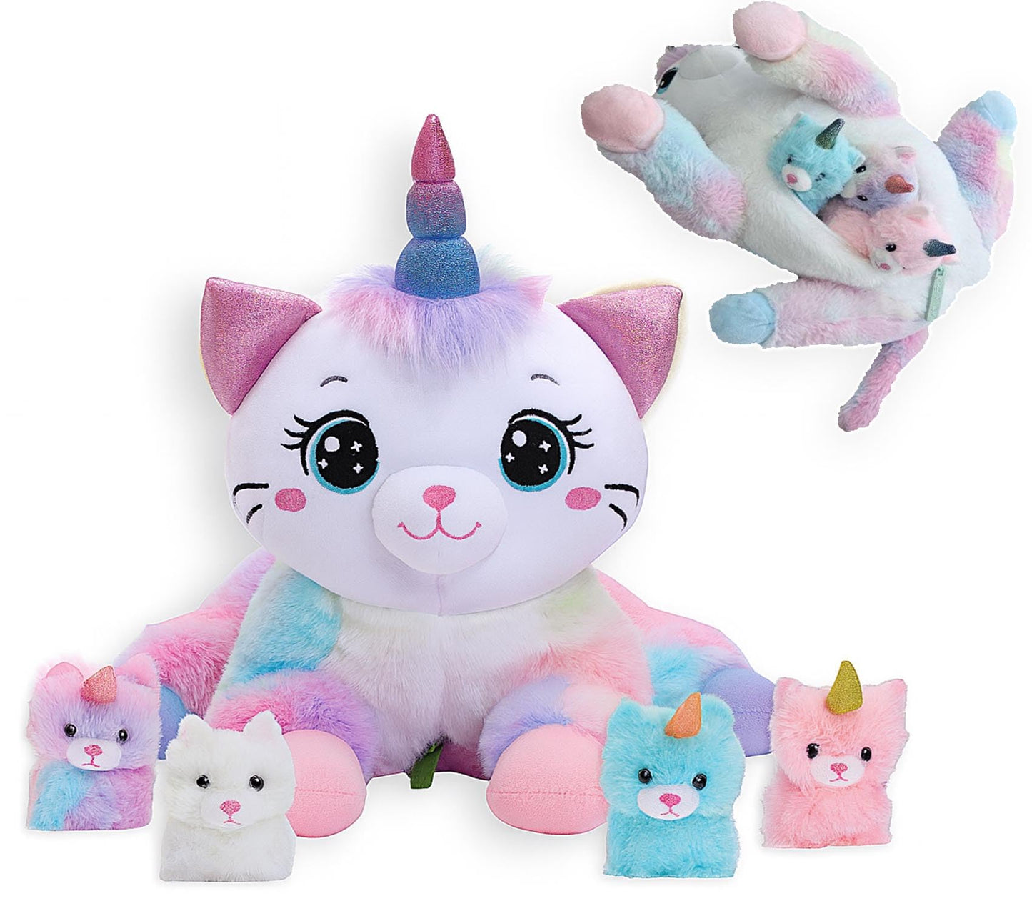 Chirpy Chums Dreamy Unicorn Cat Family – 16” Magical Unicorn Cat Plush with 4 Kittens – Ultra-Soft Stuffed Animal, Zipper Belly Surprise – Magical Pillow Plushies, Big Plush Toy Gift for Kids Ages 3+