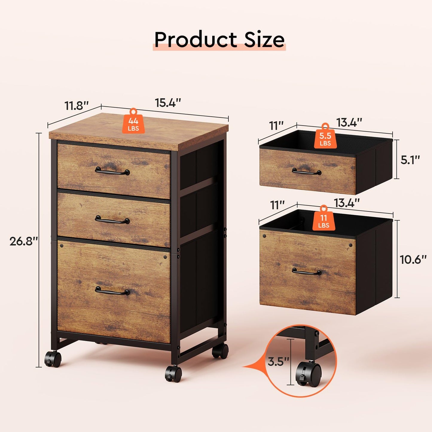 3 Drawer Mobile File Cabinet with Wheels Fabric Vertical Filing Cabinet fits A4 or Letter Size for Home Office,Rustic Brown2