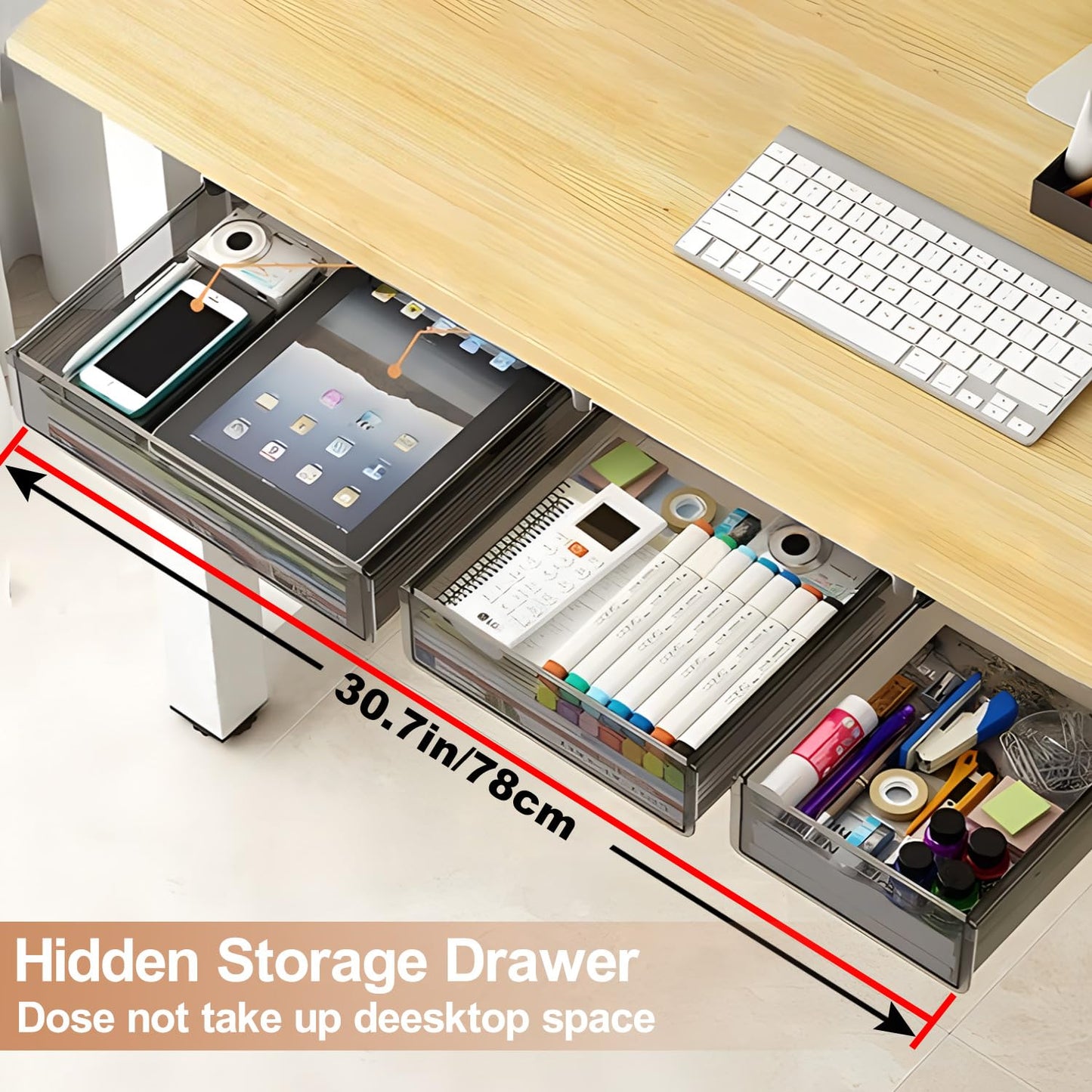 SVNNELP Under Desk Table Drawer Storage Organizer,3 Pack Large & Medium & Small Slide Out Desk Drawers - Hidden Desktop Organizer,Attachable Pencil Storage Tray Under Table(Clear Black), S+M+L