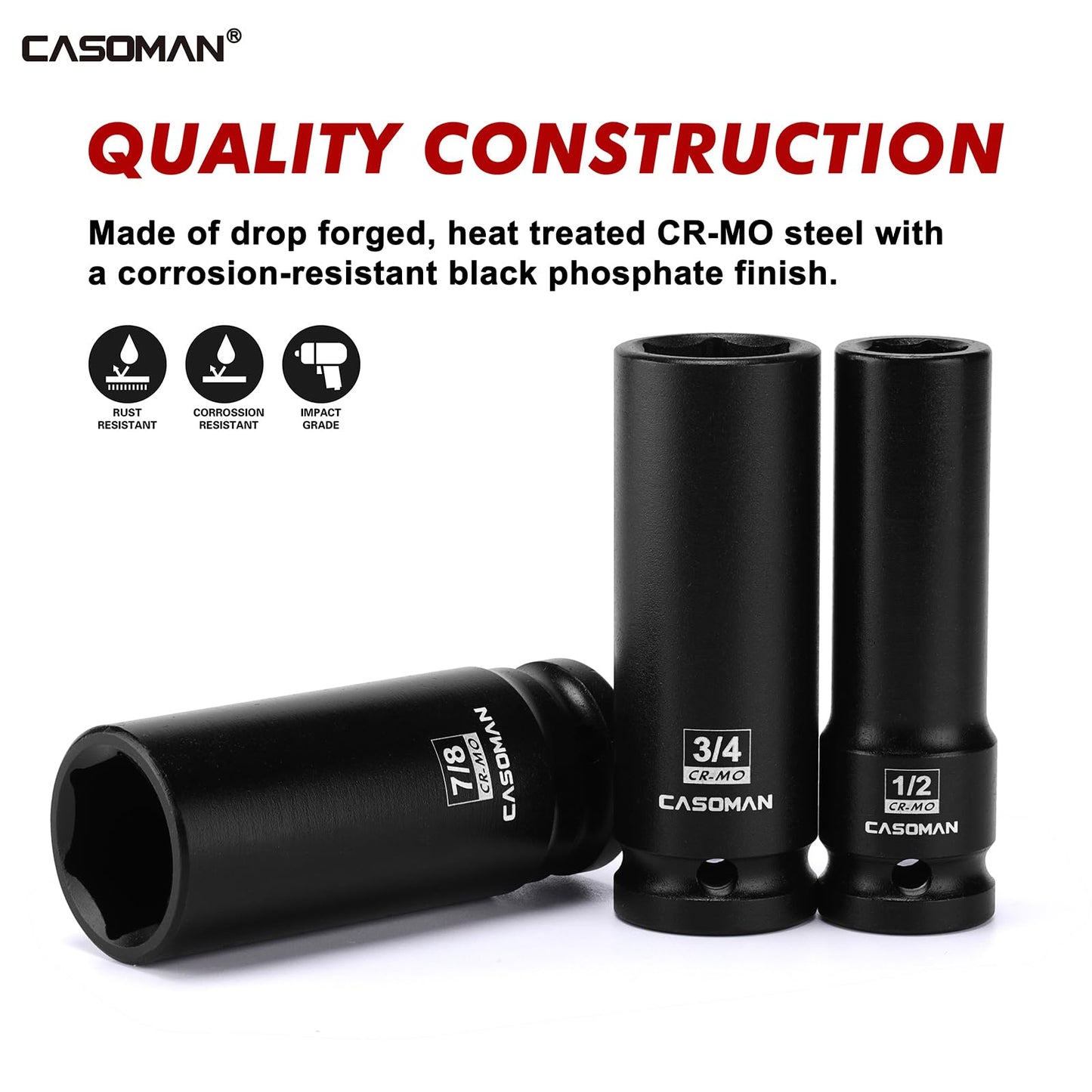 CASOMAN 14PCS 1/2" Drive Deep Impact Socket Set, SAE, 6-Point, CR-MO, 3/8" to 1-1/4", for Auto Repair, Mechanic, with Portable Case, Easy-to-Read Size Markings, Rugged Construction