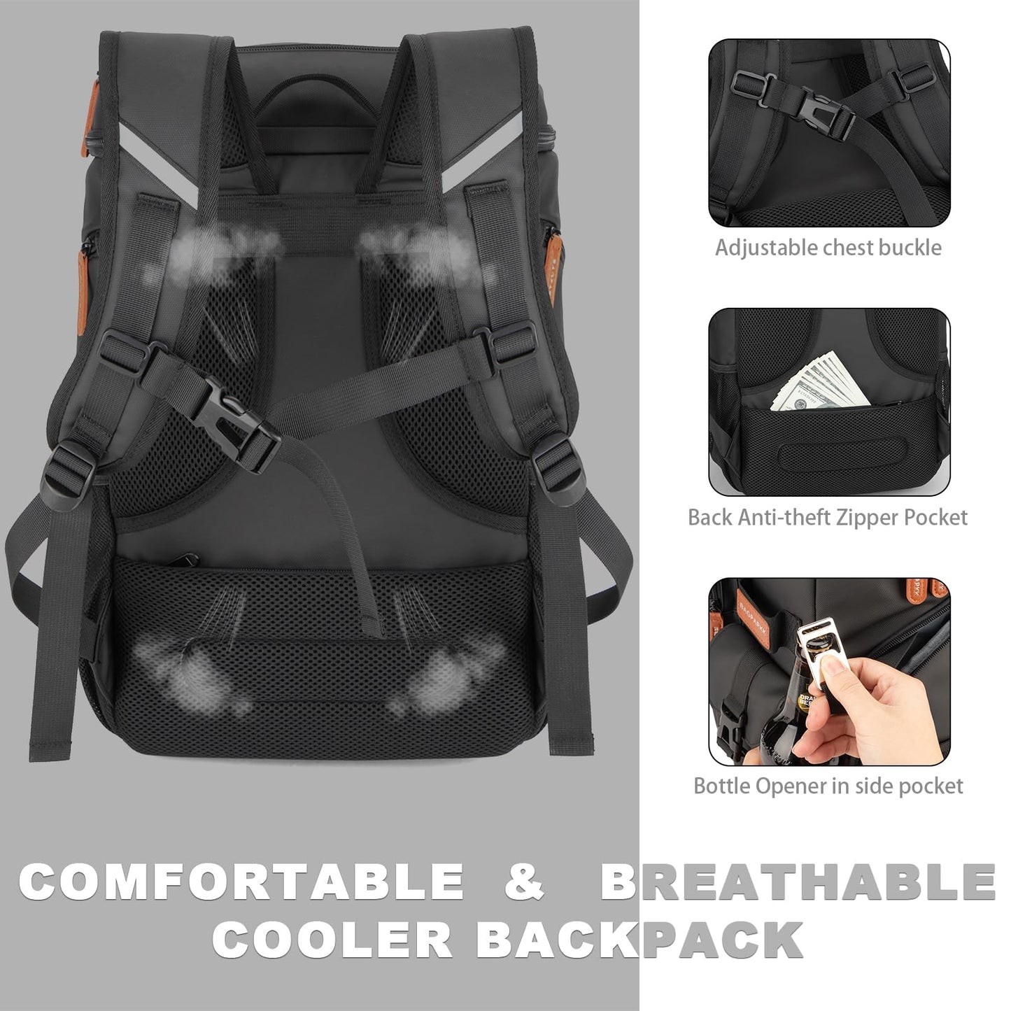 Insulated Cooler Backpack,33 Cans Multifunctional Double Deck Leakproof Cooler Bag with Sternum Strap,Large Capacity Lightweight Travel Camping Beach Backpack Cooler Ice Chest for Men Women