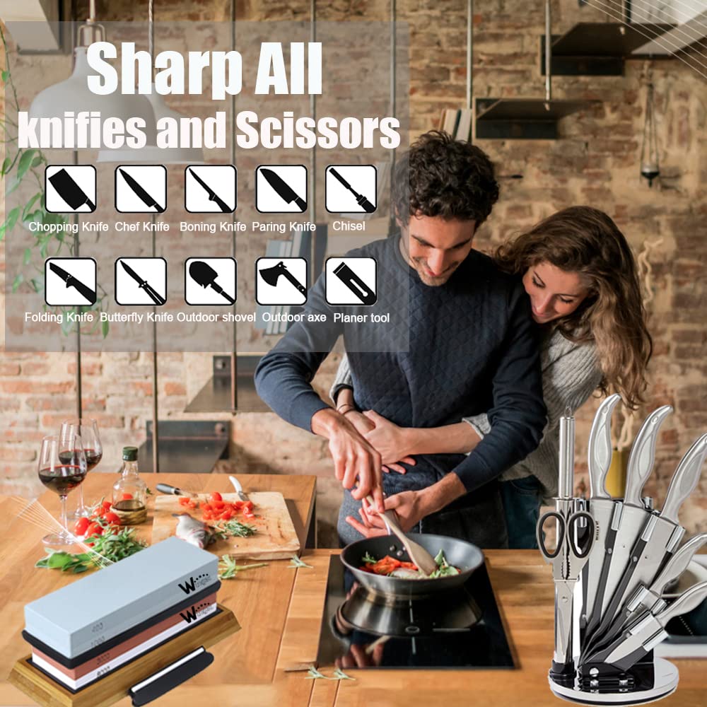 Knife Sharpening Stone Kit – 400/1000 3000/8000 Grit Wet Kitchen Whetstone Knife Sharpener Set with Non-Slip Bamboo Rubber Base, Angle Guide, Flattening, Leather Strop and Cut Resistant Gloves
